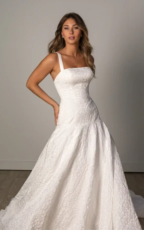 Stella York SY8202 fit-and-flare wedding dress featuring a strapless sweetheart neckline, lace bodice, and flowing tulle skirt.