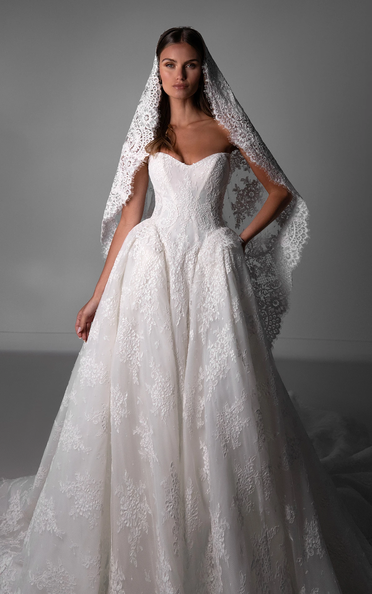 le1435 Trägerloses Prinzessinnen-Ball-Brautkleid aus Spitze mit luxuriöser tiefer Taille  by Martina Liana Luxe