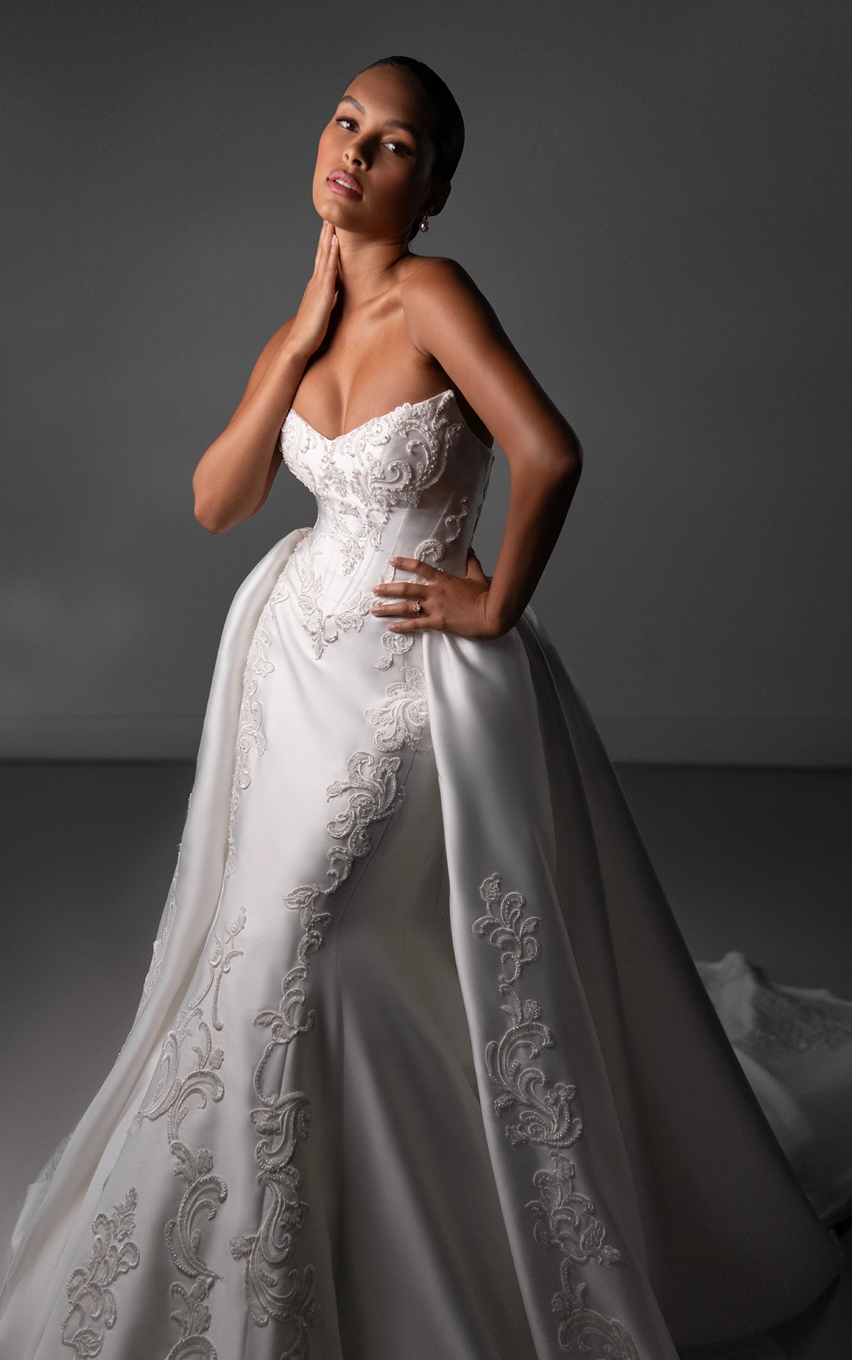 le1436 Satin Fit-and-Flare Wedding Dress with Detachable Overskirt  by Martina Liana Luxe