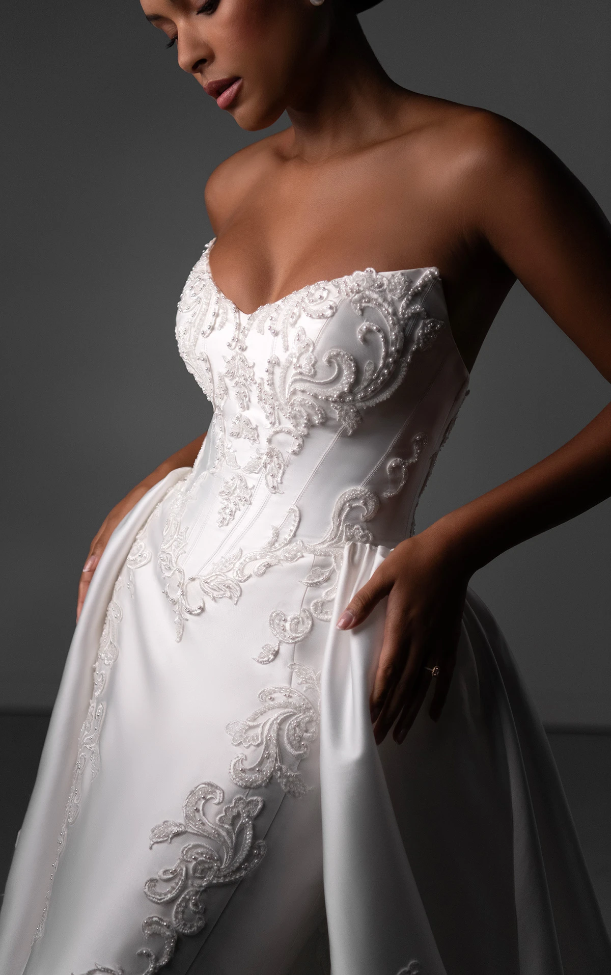 le1436 Satin Fit-and-Flare Wedding Dress with Detachable Overskirt  by Martina Liana Luxe