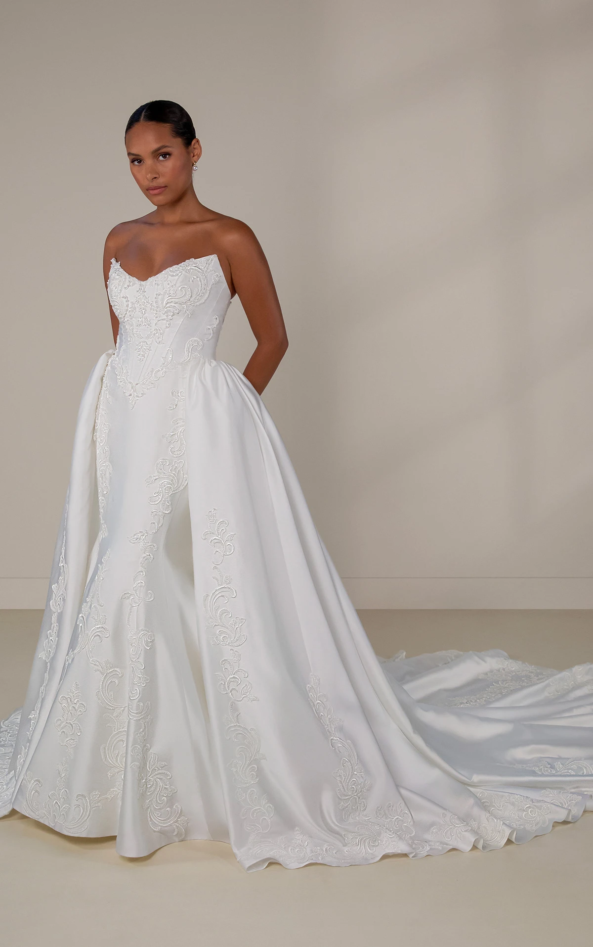 le1436 Satin Fit-and-Flare Wedding Dress with Detachable Overskirt  by Martina Liana Luxe