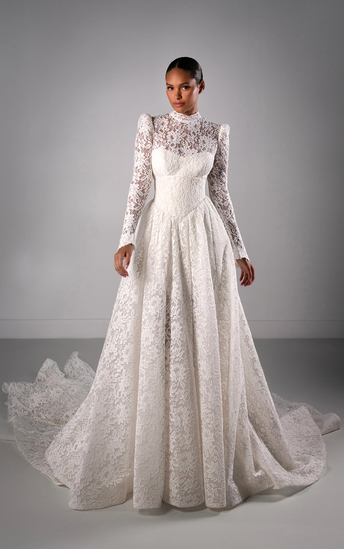 le1438 Lace A-Line Wedding Dress with Long Sleeves and Dramatic Overskirt  by Martina Liana Luxe