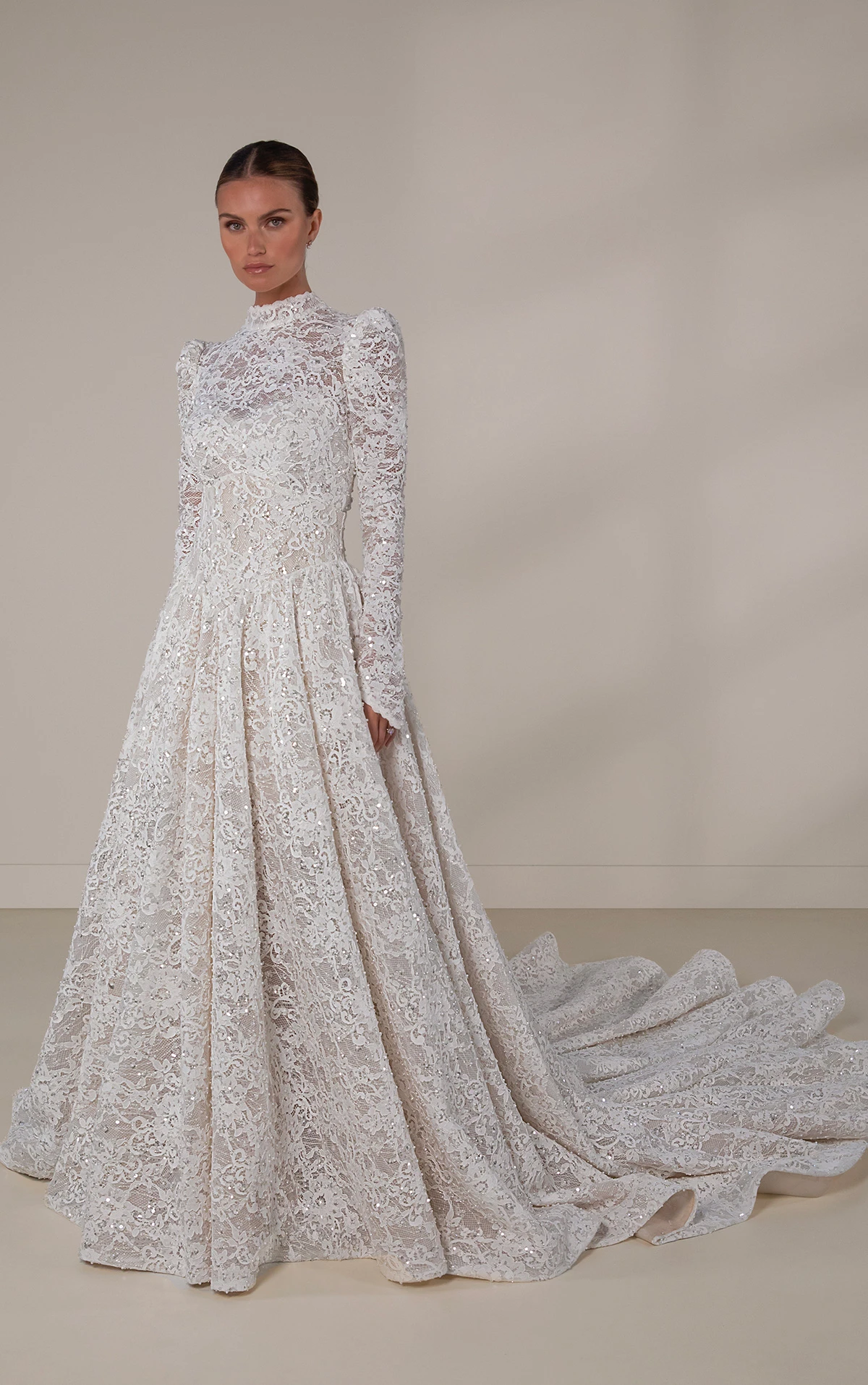 le1438 Lace A-Line Wedding Dress with Long Sleeves and Dramatic Overskirt  by Martina Liana Luxe