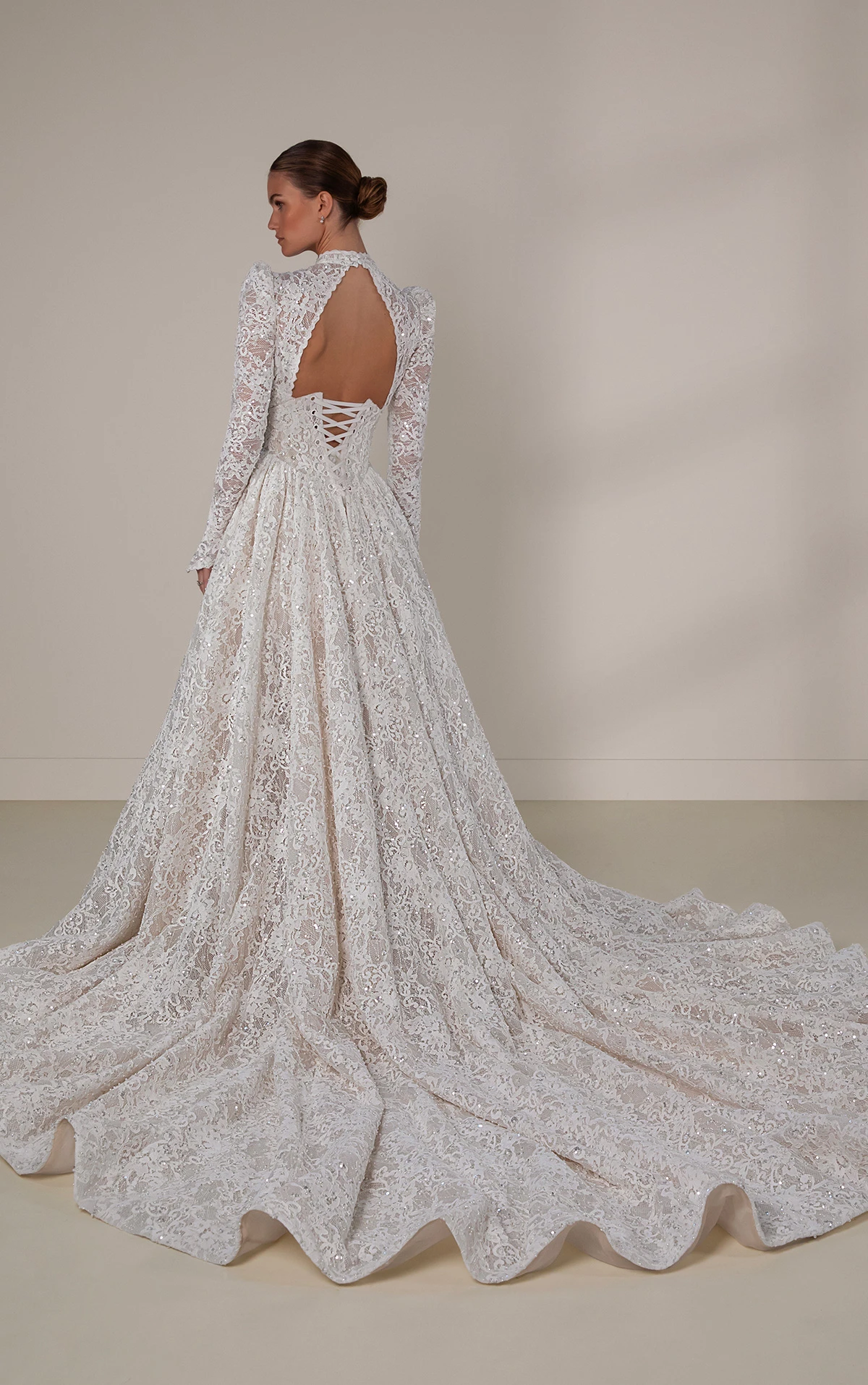 le1438 Lace A-Line Wedding Dress with Long Sleeves and Dramatic Overskirt  by Martina Liana Luxe