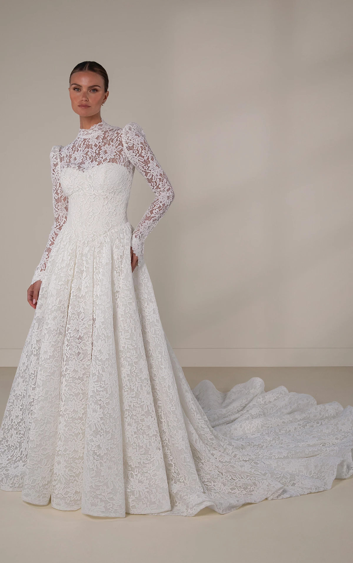 le1438 Lace A-Line Wedding Dress with Long Sleeves and Dramatic Overskirt  by Martina Liana Luxe