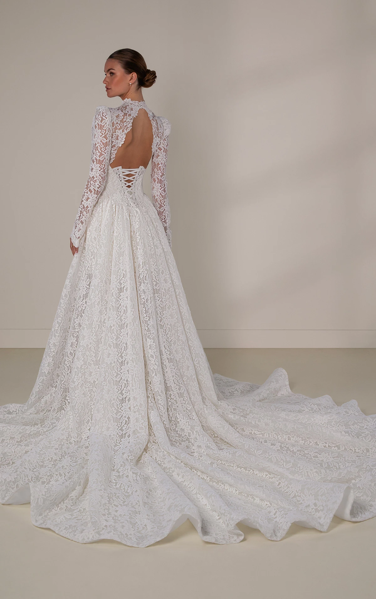 le1438 Lace A-Line Wedding Dress with Long Sleeves and Dramatic Overskirt  by Martina Liana Luxe