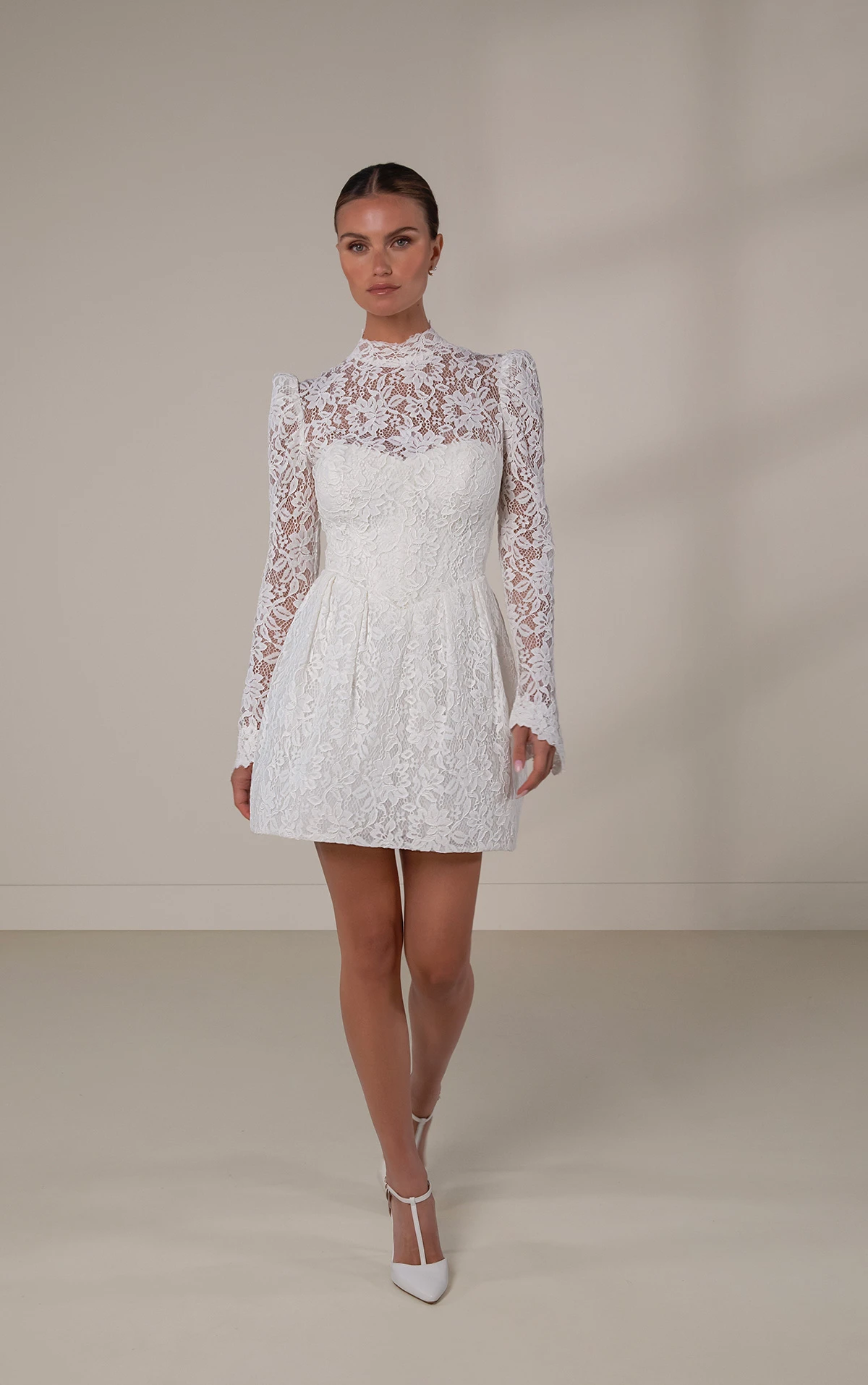 le1438 Lace A-Line Wedding Dress with Long Sleeves and Dramatic Overskirt  by Martina Liana Luxe