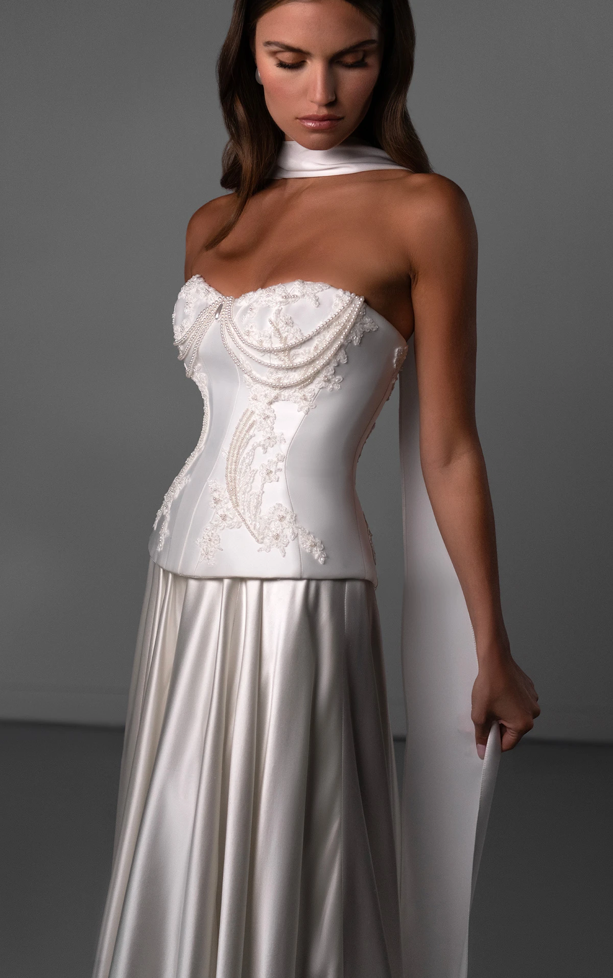 le1439 Silk A-Line Wedding Dress with Beaded Bodice and Silk Satin Skirt  by Martina Liana Luxe