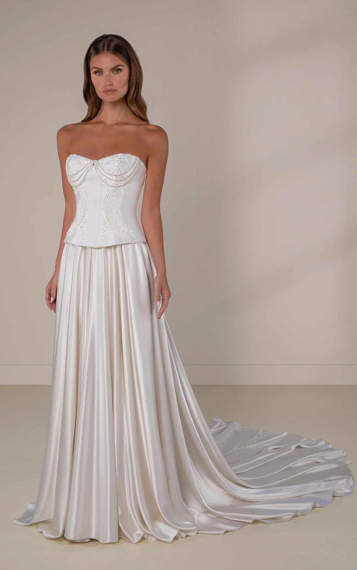 le1439 Silk A-Line Wedding Dress with Beaded Bodice and Silk Satin Skirt  by Martina Liana Luxe