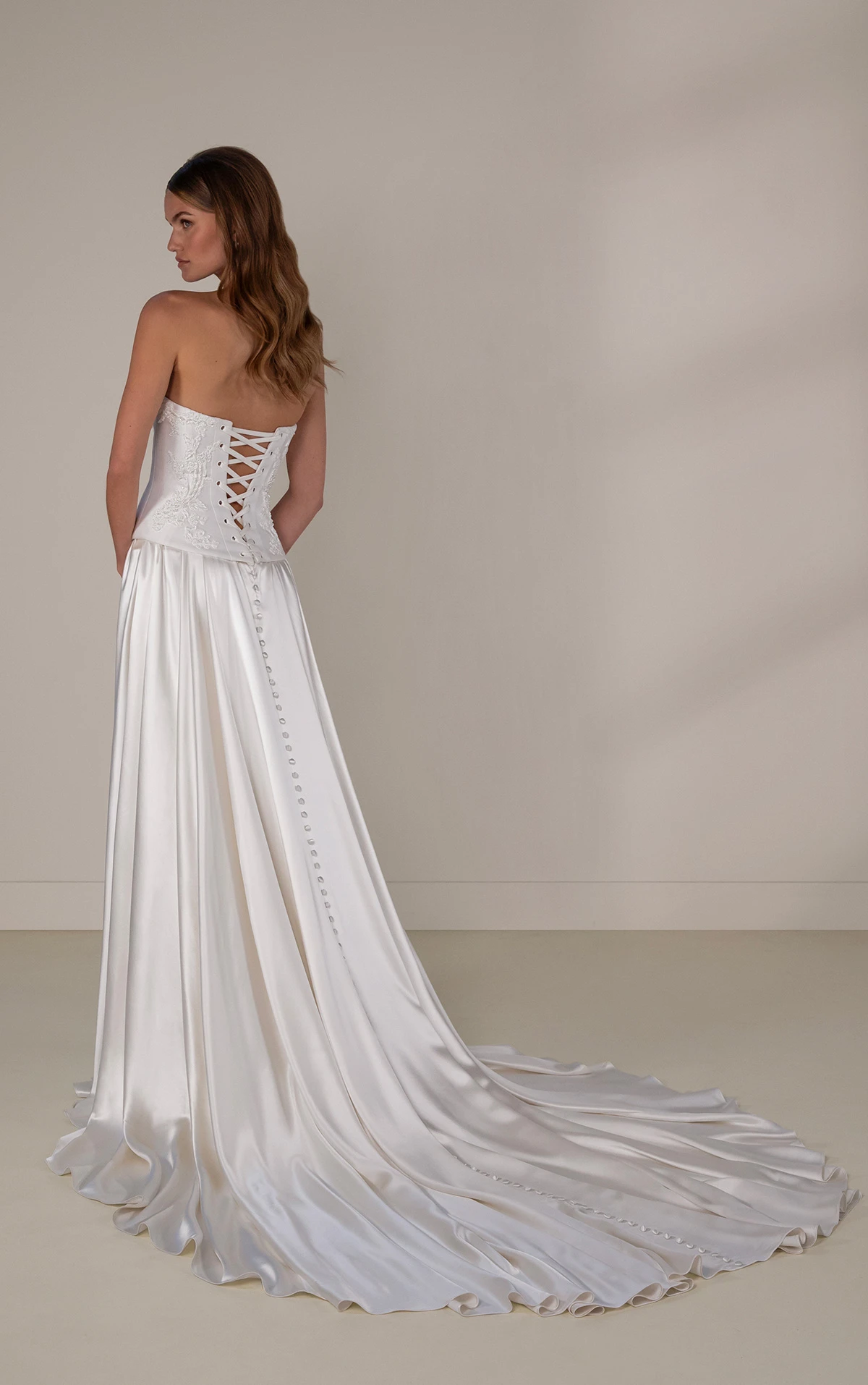 le1439 Silk A-Line Wedding Dress with Beaded Bodice and Silk Satin Skirt  by Martina Liana Luxe