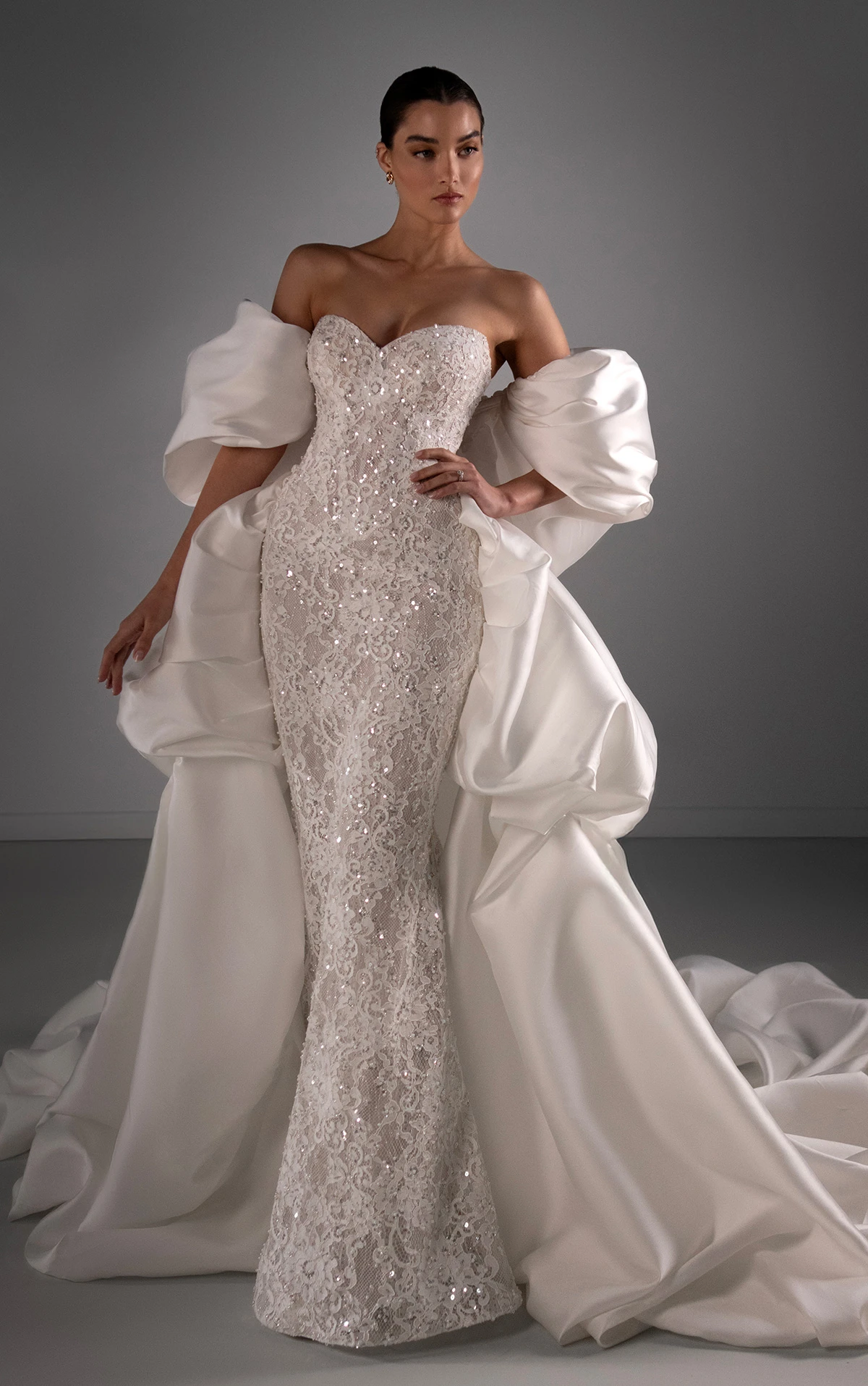 le1445 Strapless Beaded Sheath Wedding Dress with Bubble Overskirt and Shawl  by Martina Liana Luxe