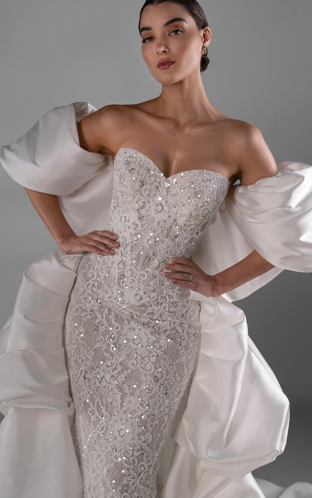 le1445 Strapless Beaded Sheath Wedding Dress with Bubble Overskirt and Shawl  by Martina Liana Luxe