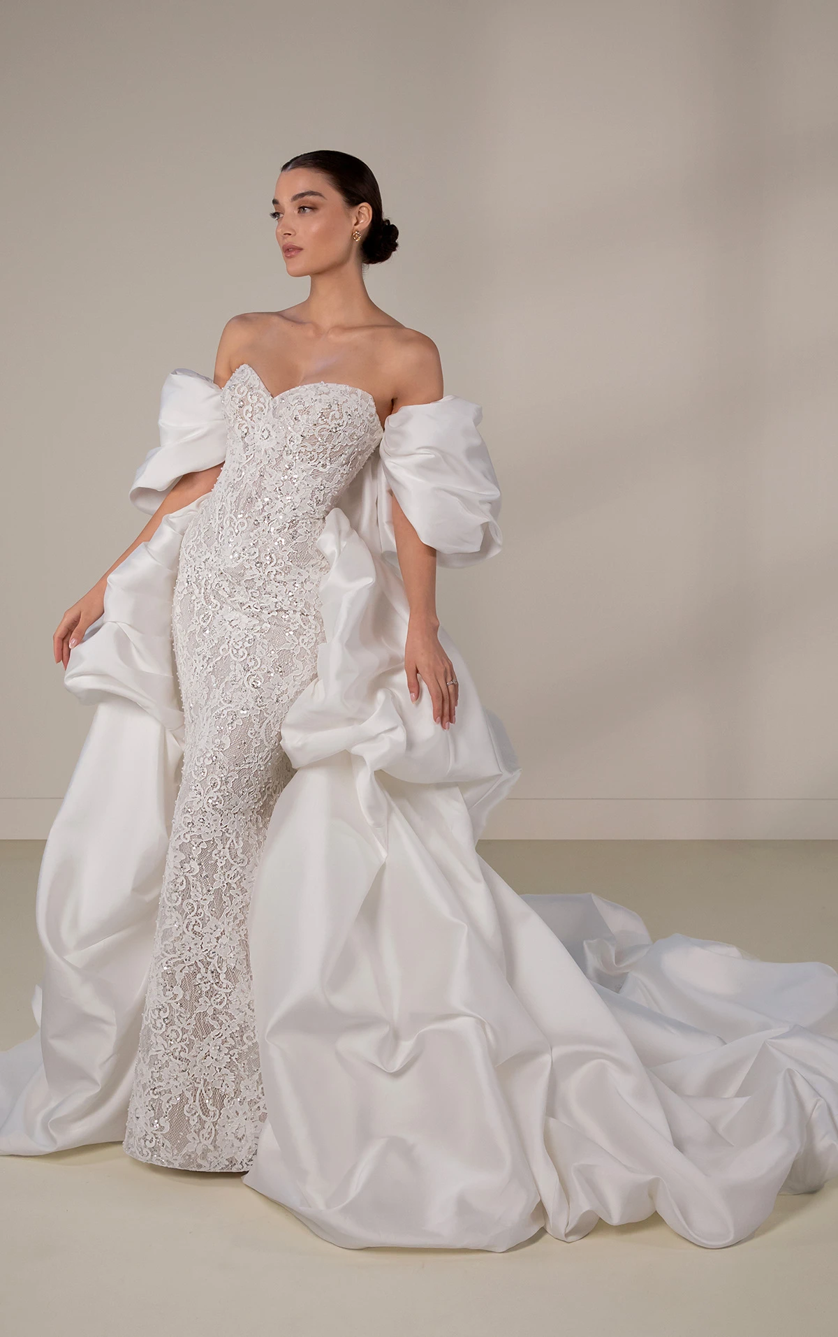 le1445 Strapless Beaded Sheath Wedding Dress with Bubble Overskirt and Shawl  by Martina Liana Luxe