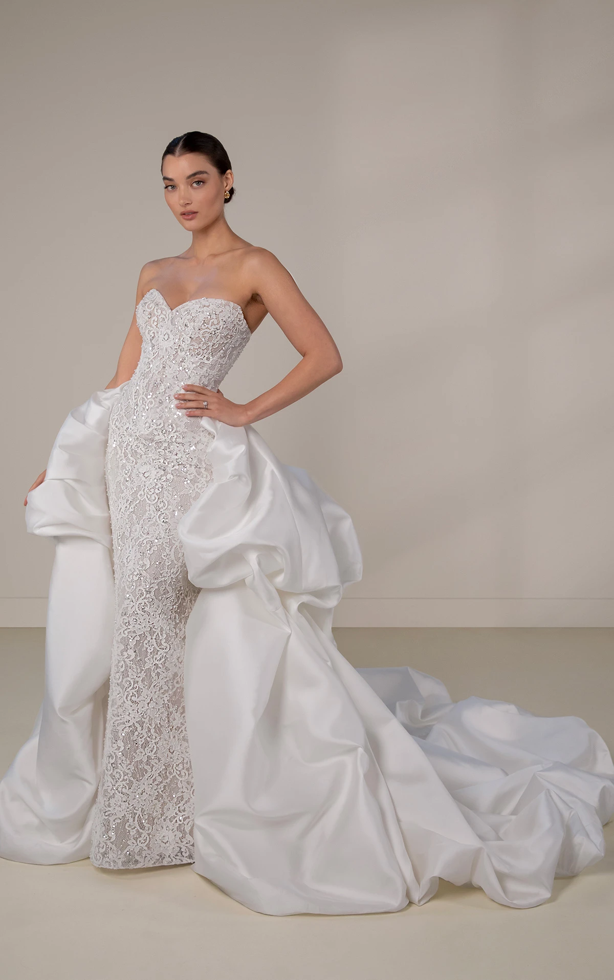 le1445 Strapless Beaded Sheath Wedding Dress with Bubble Overskirt and Shawl  by Martina Liana Luxe