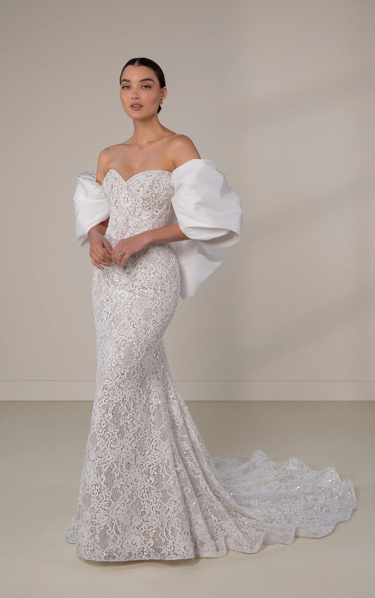 le1445 Strapless Beaded Sheath Wedding Dress with Bubble Overskirt and Shawl  by Martina Liana Luxe