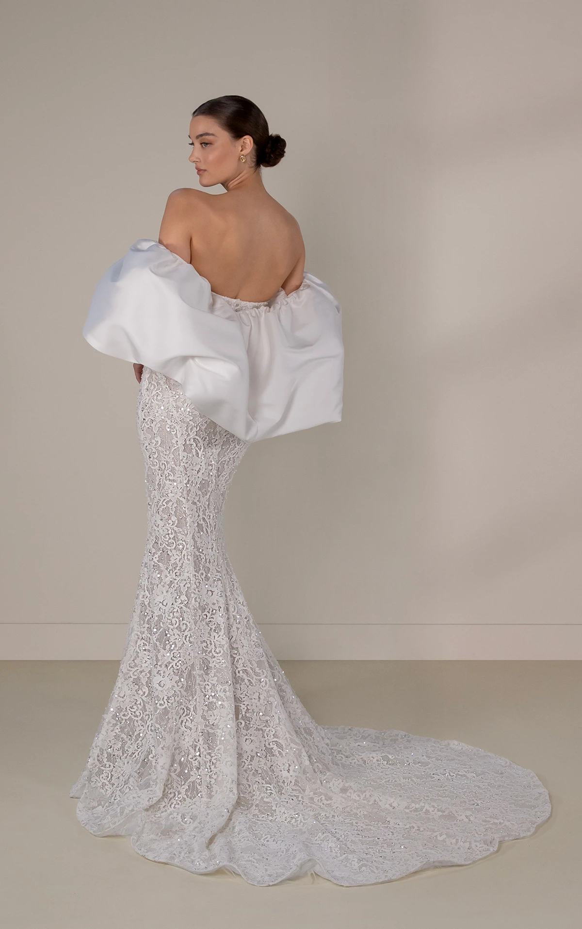 le1445 Strapless Beaded Sheath Wedding Dress with Bubble Overskirt and Shawl  by Martina Liana Luxe