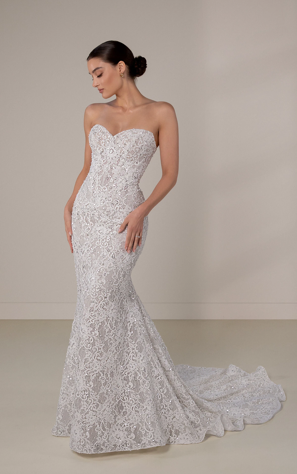le1445 Strapless Beaded Sheath Wedding Dress with Bubble Overskirt and Shawl  by Martina Liana Luxe
