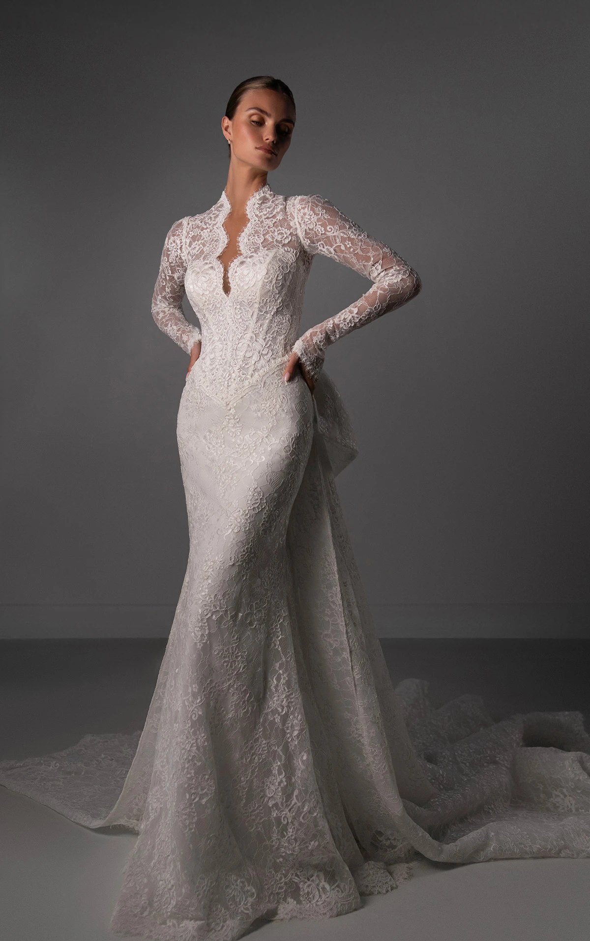 le1450 Lace Sheath Wedding Dress with Scallop-Edge Plunge Neckline  by Martina Liana Luxe