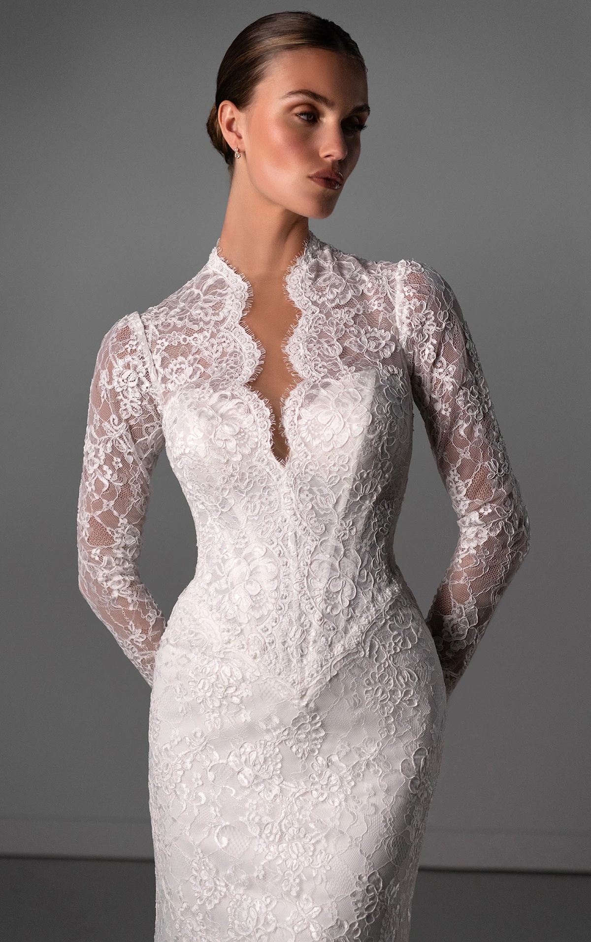 le1450 Lace Sheath Wedding Dress with Scallop-Edge Plunge Neckline  by Martina Liana Luxe