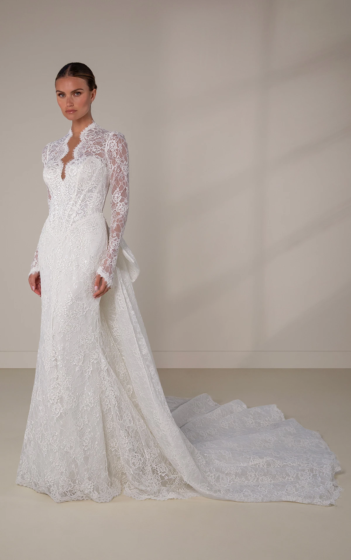 le1450 Lace Sheath Wedding Dress with Scallop-Edge Plunge Neckline  by Martina Liana Luxe