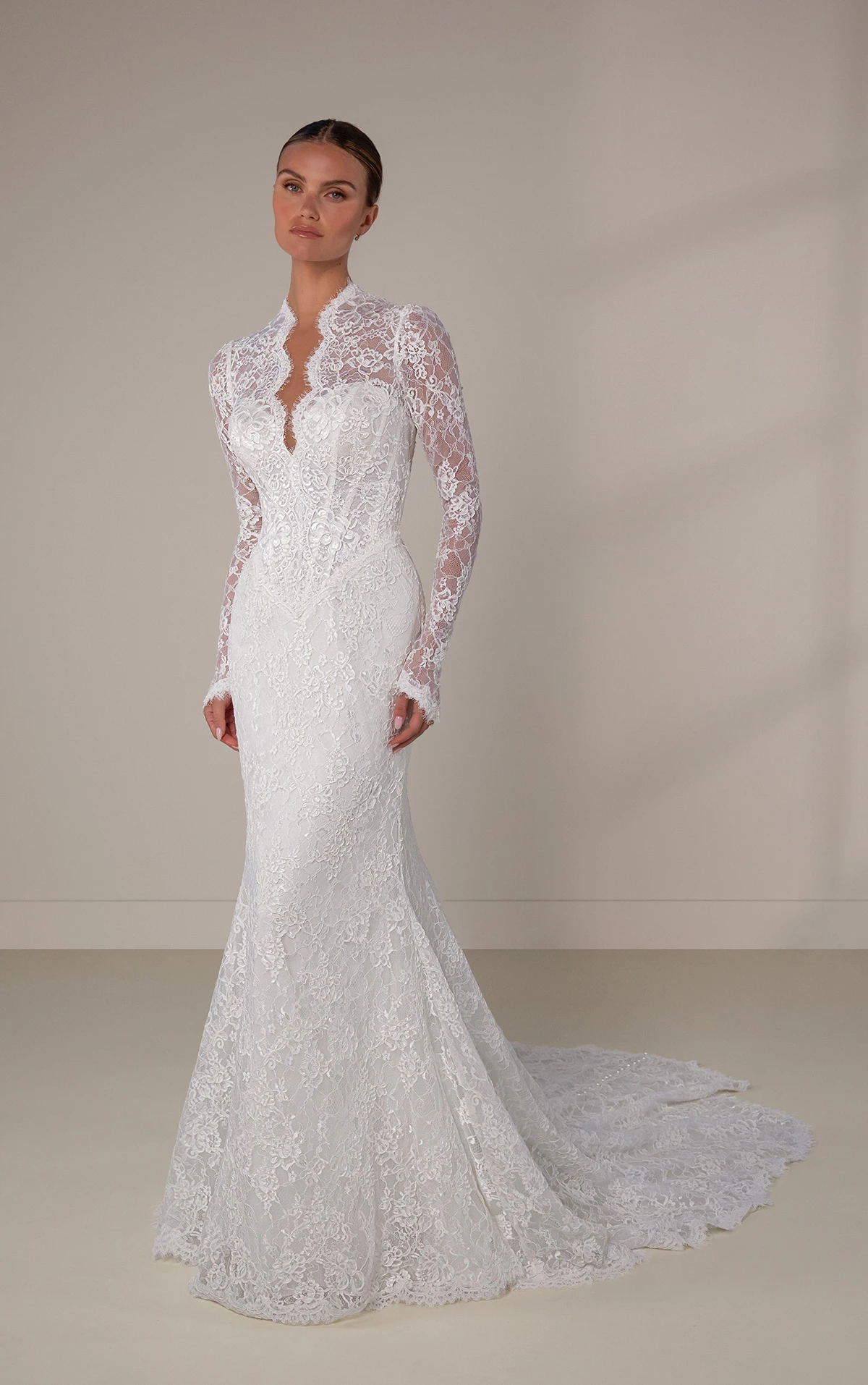 le1450 Lace Sheath Wedding Dress with Scallop-Edge Plunge Neckline  by Martina Liana Luxe