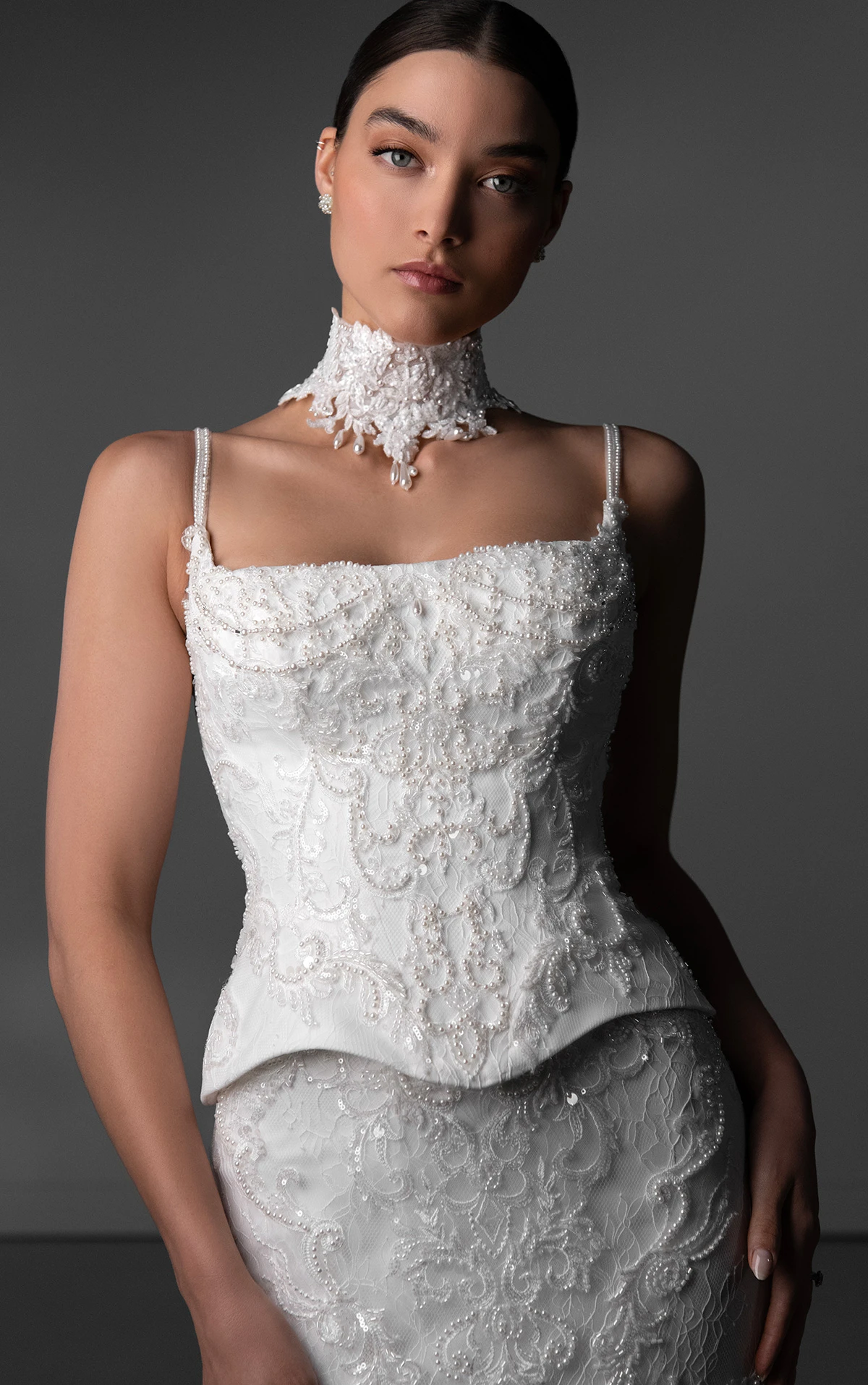 le1457 Faux Two-Piece Basque Waist Wedding Gown with Draped Beading  by Martina Liana Luxe