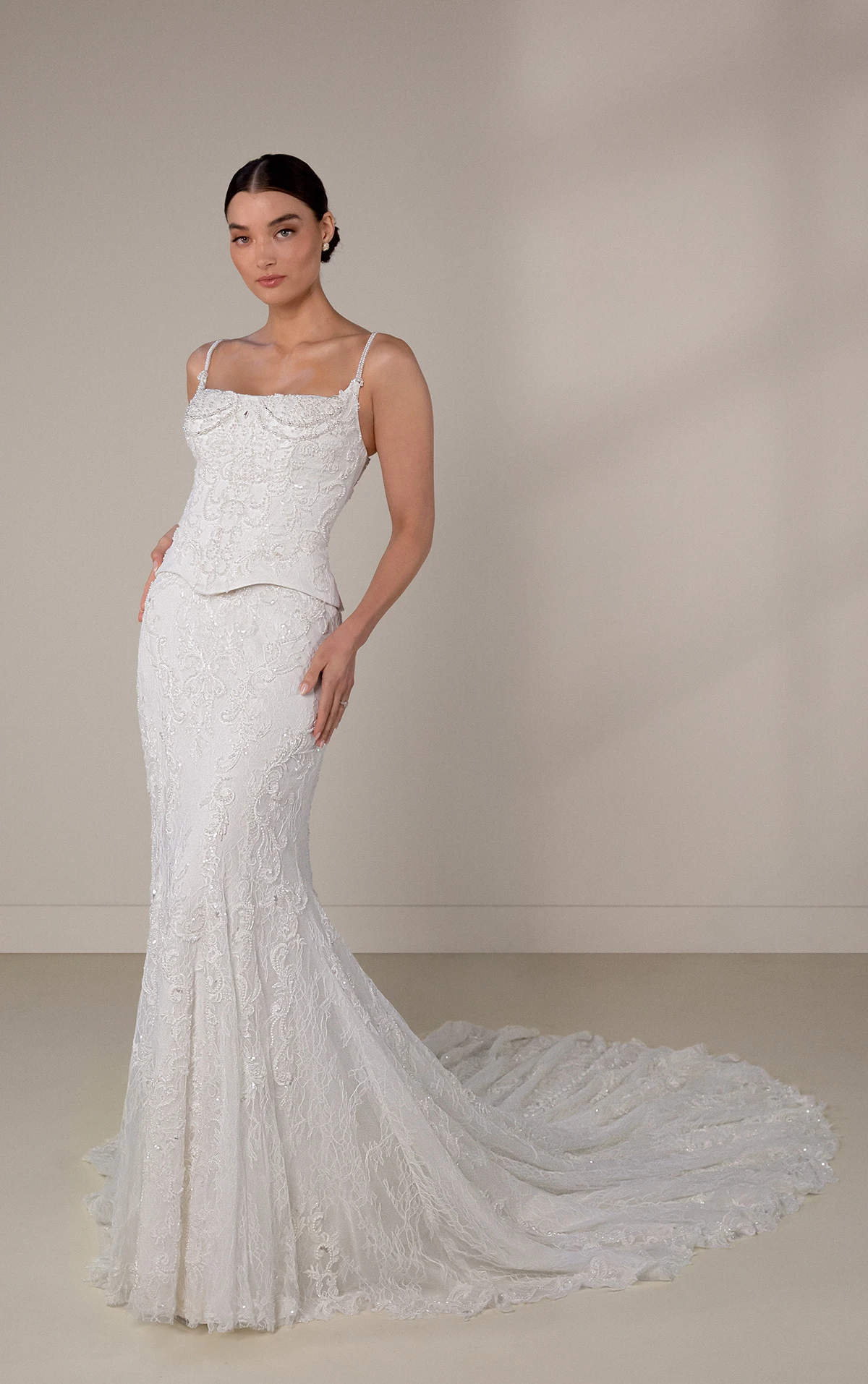 le1457 Faux Two-Piece Basque Waist Wedding Gown with Draped Beading  by Martina Liana Luxe