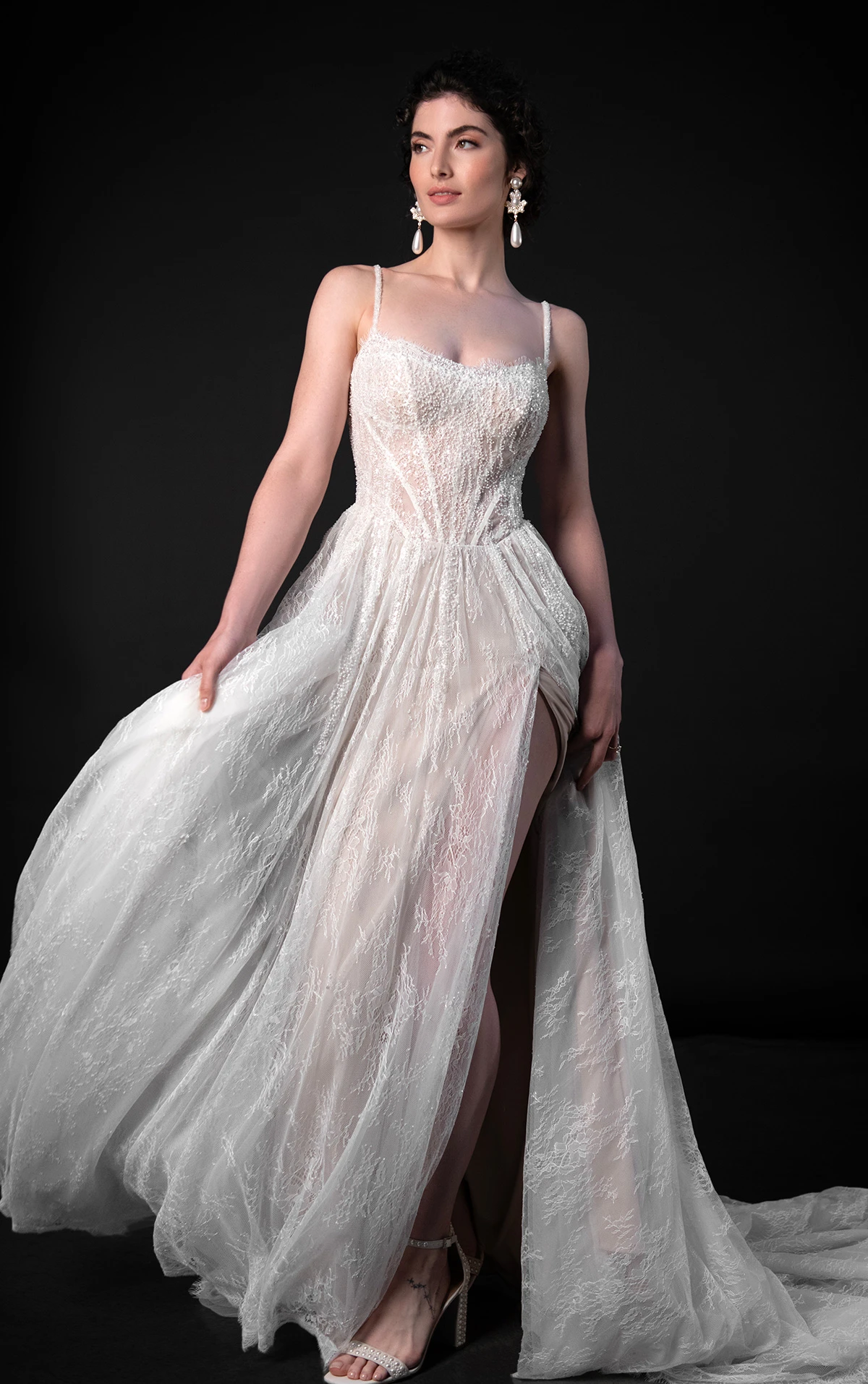 Beaded Chantilly Lace A-Line Wedding Dress with High-Leg Slit, ML1945, byMartina Liana