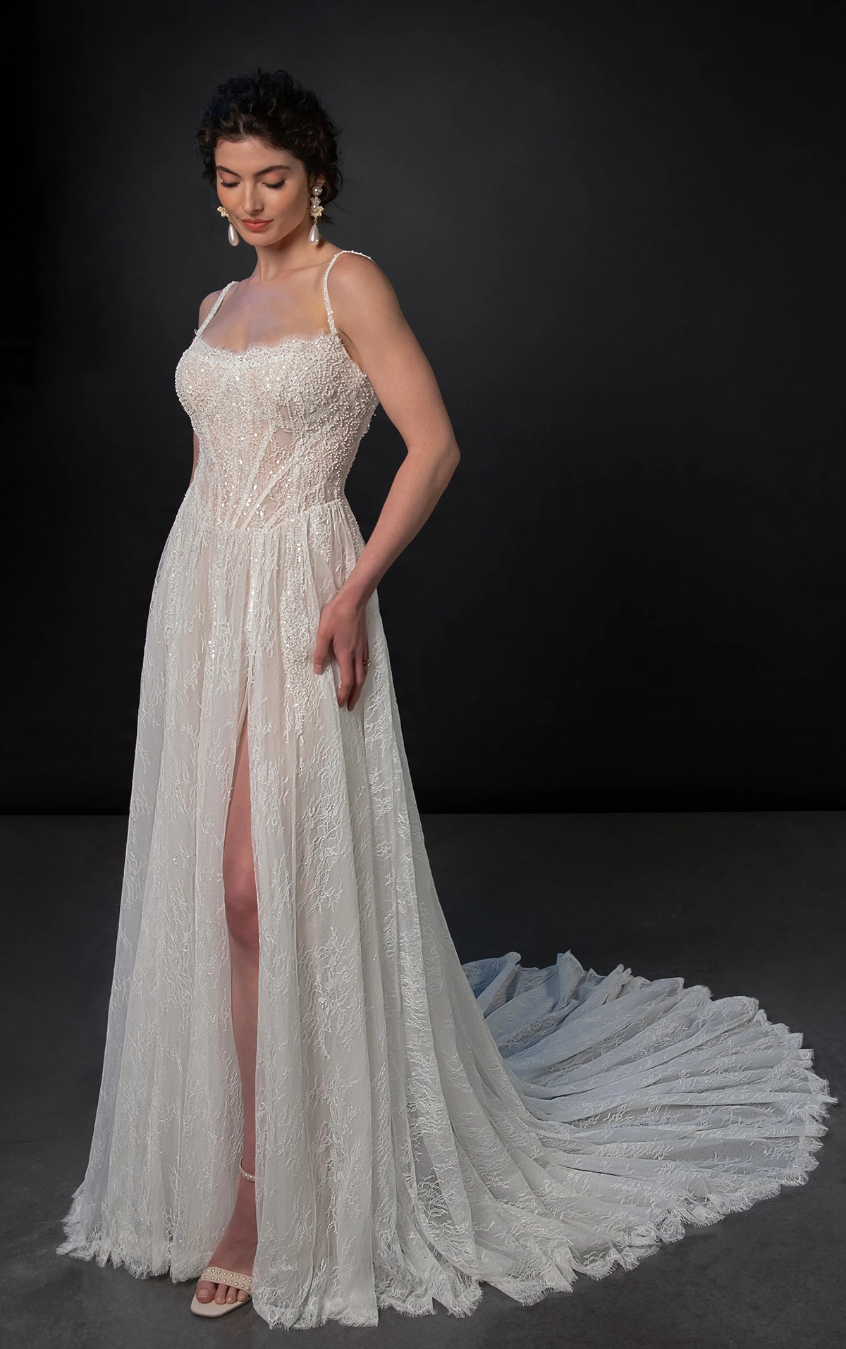 ml1945 Beaded Chantilly Lace A-Line Wedding Dress with High-Leg Slit  by Martina Liana