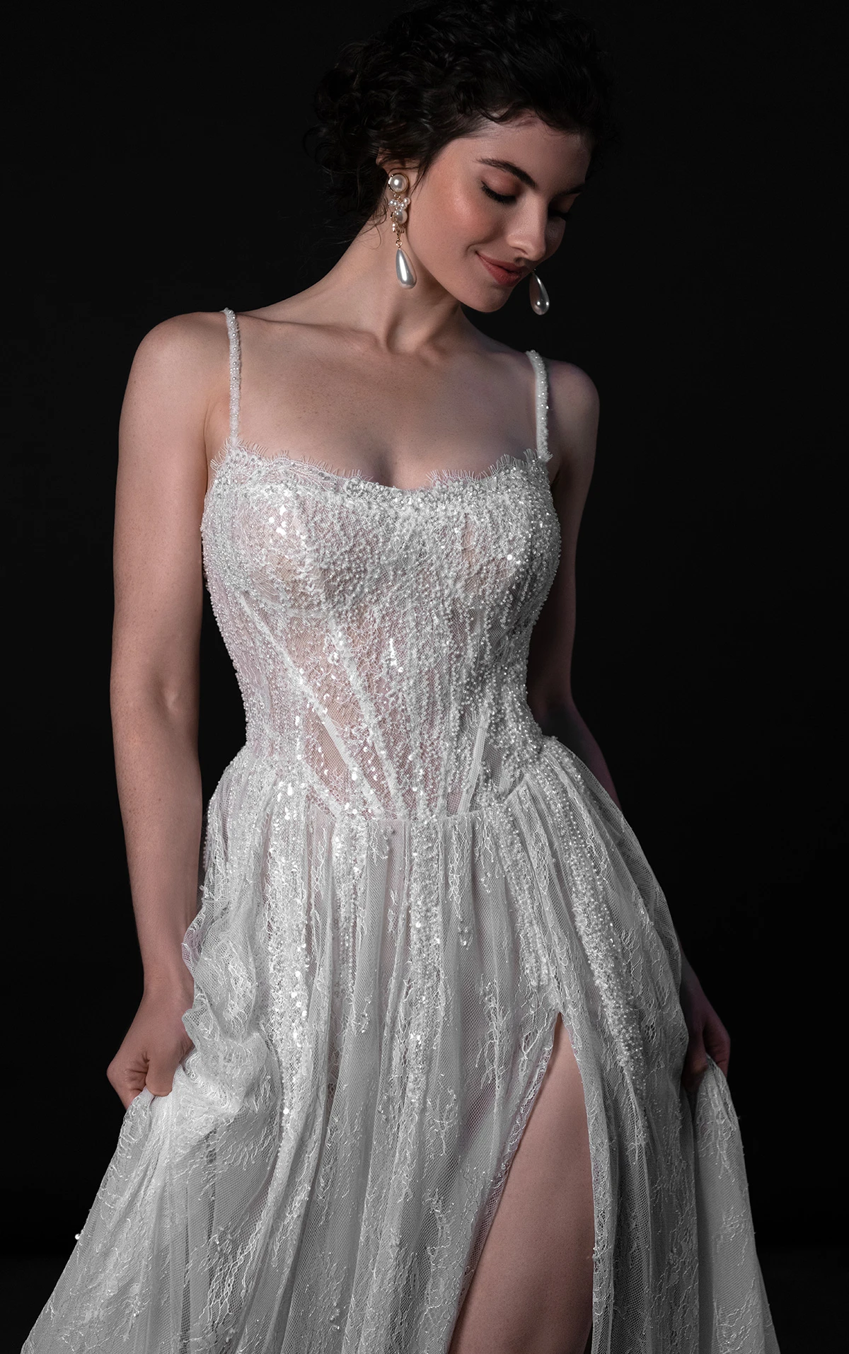 ml1945 Beaded Chantilly Lace A-Line Wedding Dress with High-Leg Slit  by Martina Liana