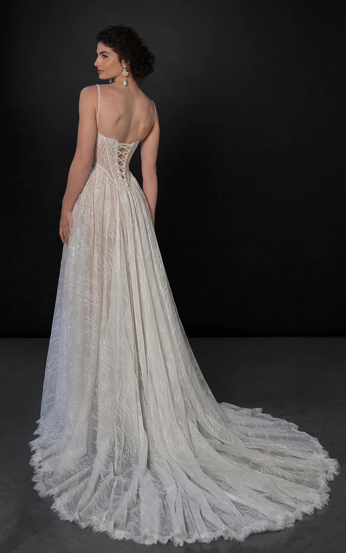 ml1945 Beaded Chantilly Lace A-Line Wedding Dress with High-Leg Slit  by Martina Liana