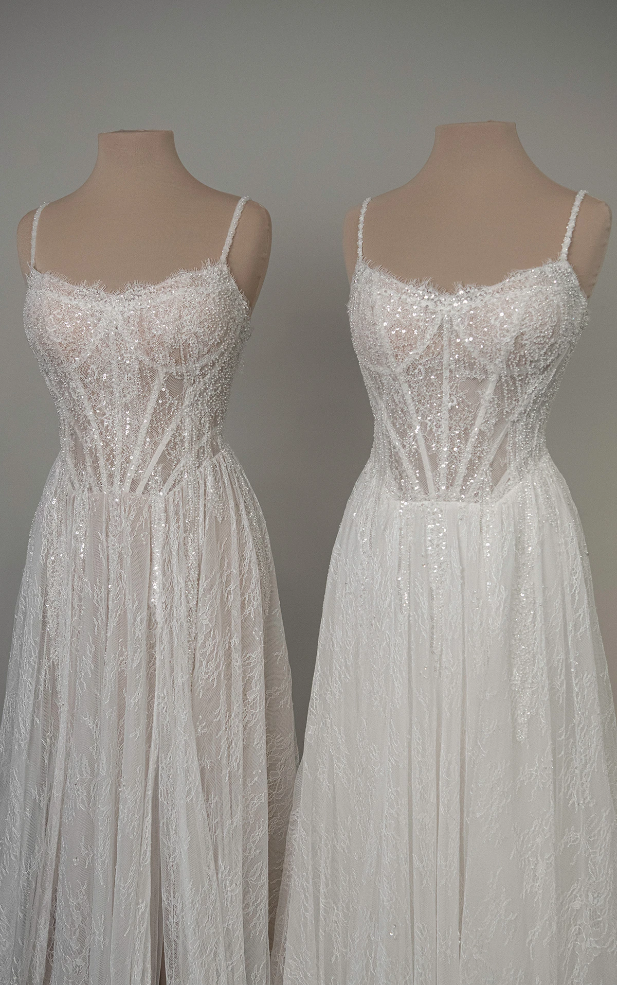 ml1945 Beaded Chantilly Lace A-Line Wedding Dress with High-Leg Slit  by Martina Liana