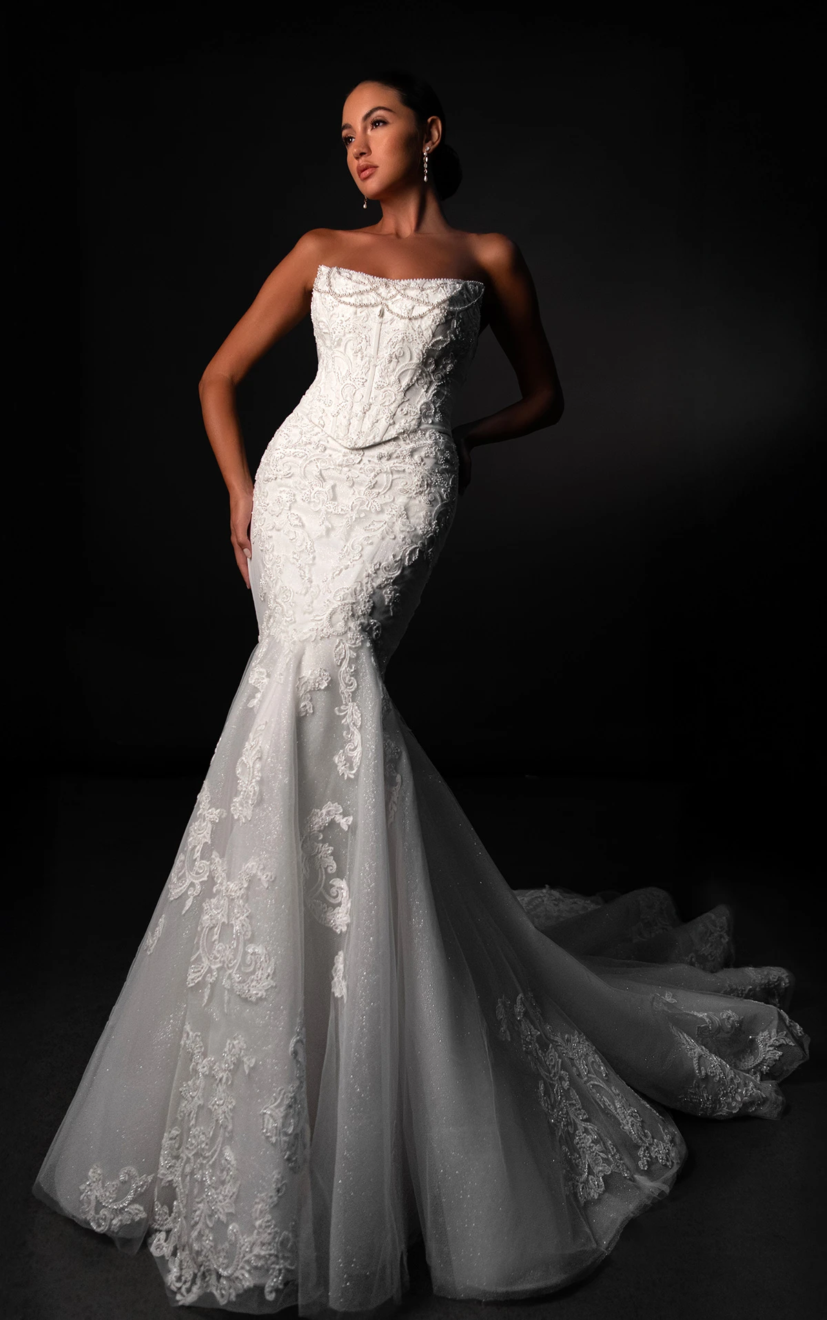ml1950 Cat-Eye Beaded Trumpet Wedding Dress with Faux Two-Piece Design  by Martina Liana