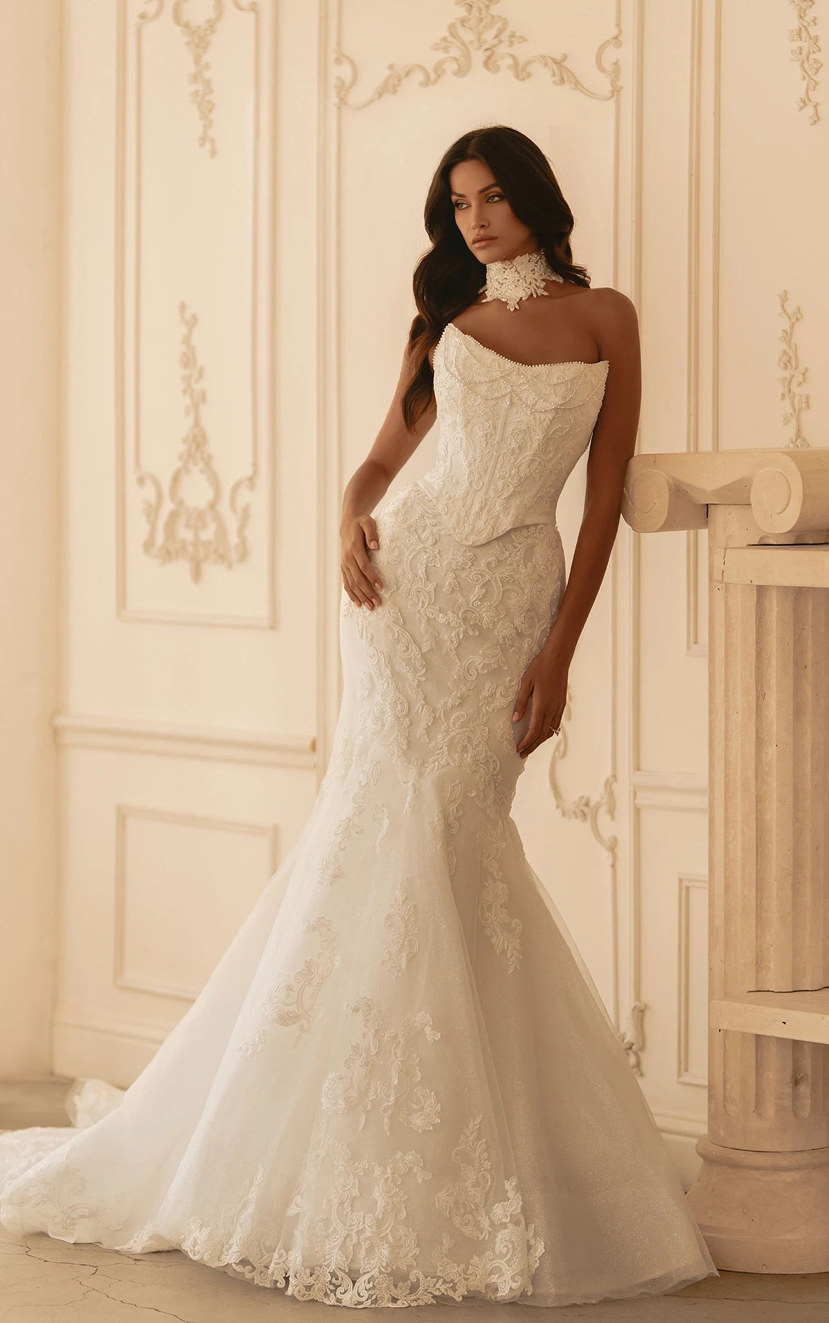 ml1950 Cat-Eye Beaded Trumpet Wedding Dress with Faux Two-Piece Design  by Martina Liana