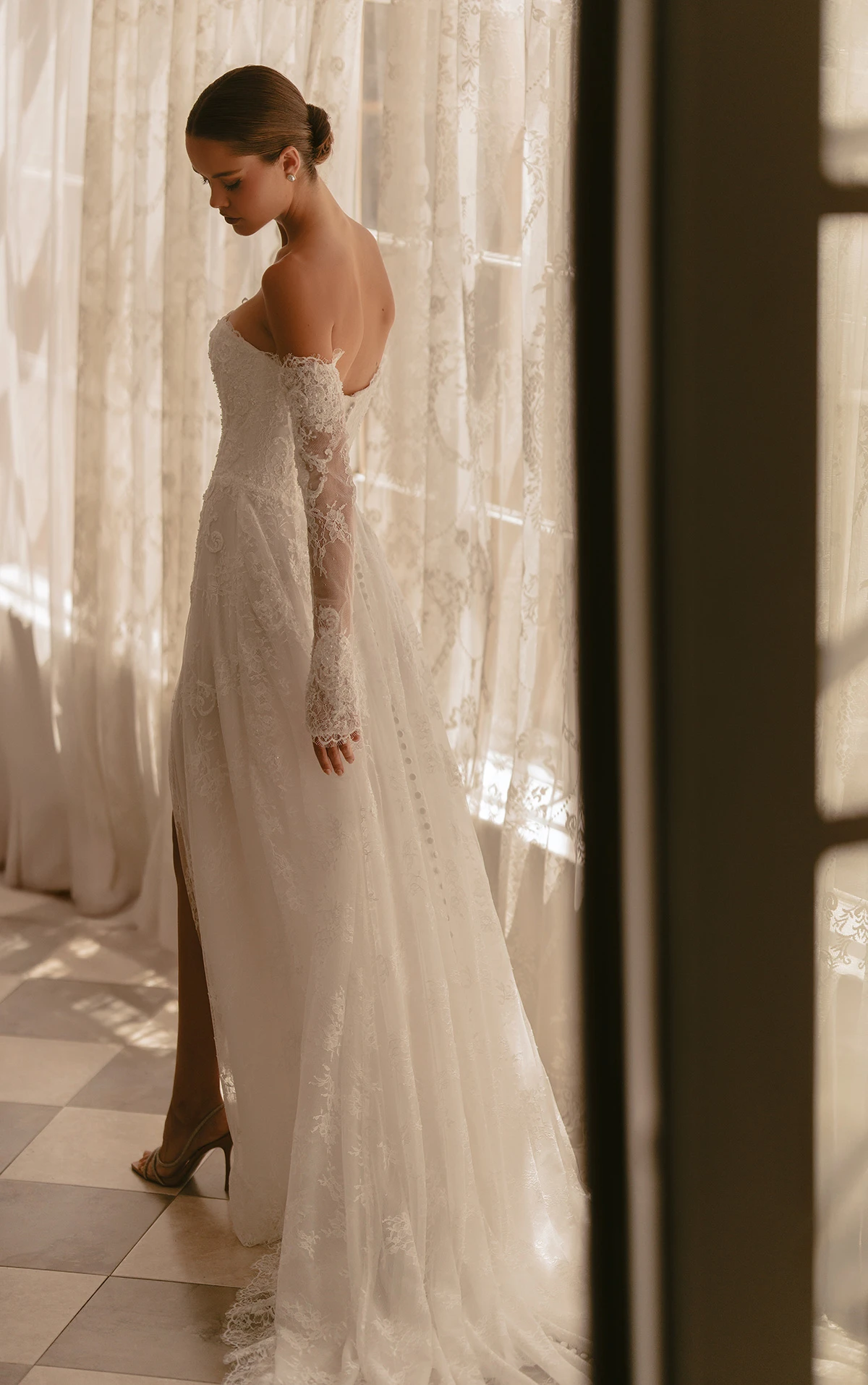 ml1954 Strapless Lace A-Line Wedding Dress with Basque Waist and Detachable Sleeves  by Martina Liana