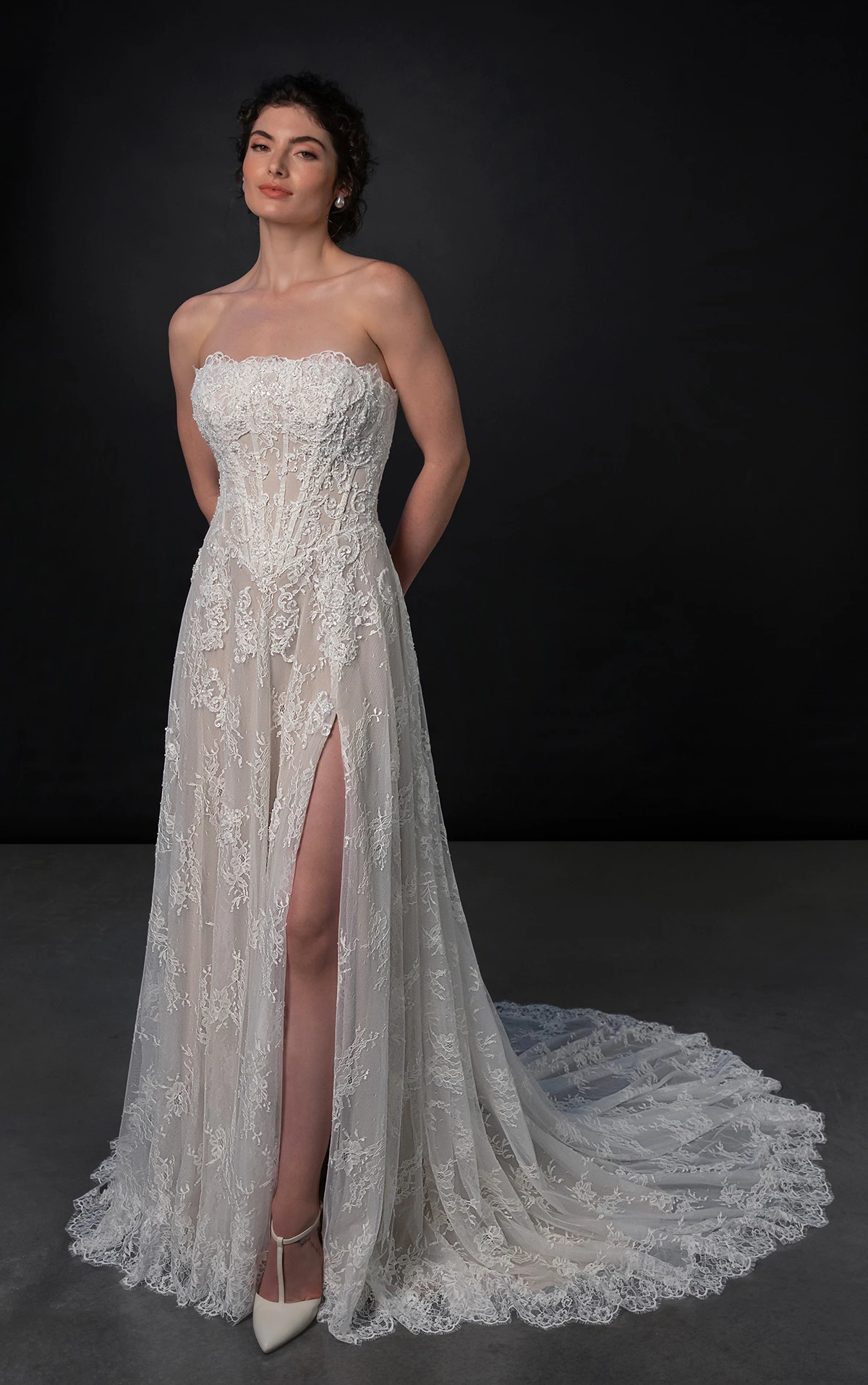 ml1954 Strapless Lace A-Line Wedding Dress with Basque Waist and Detachable Sleeves  by Martina Liana