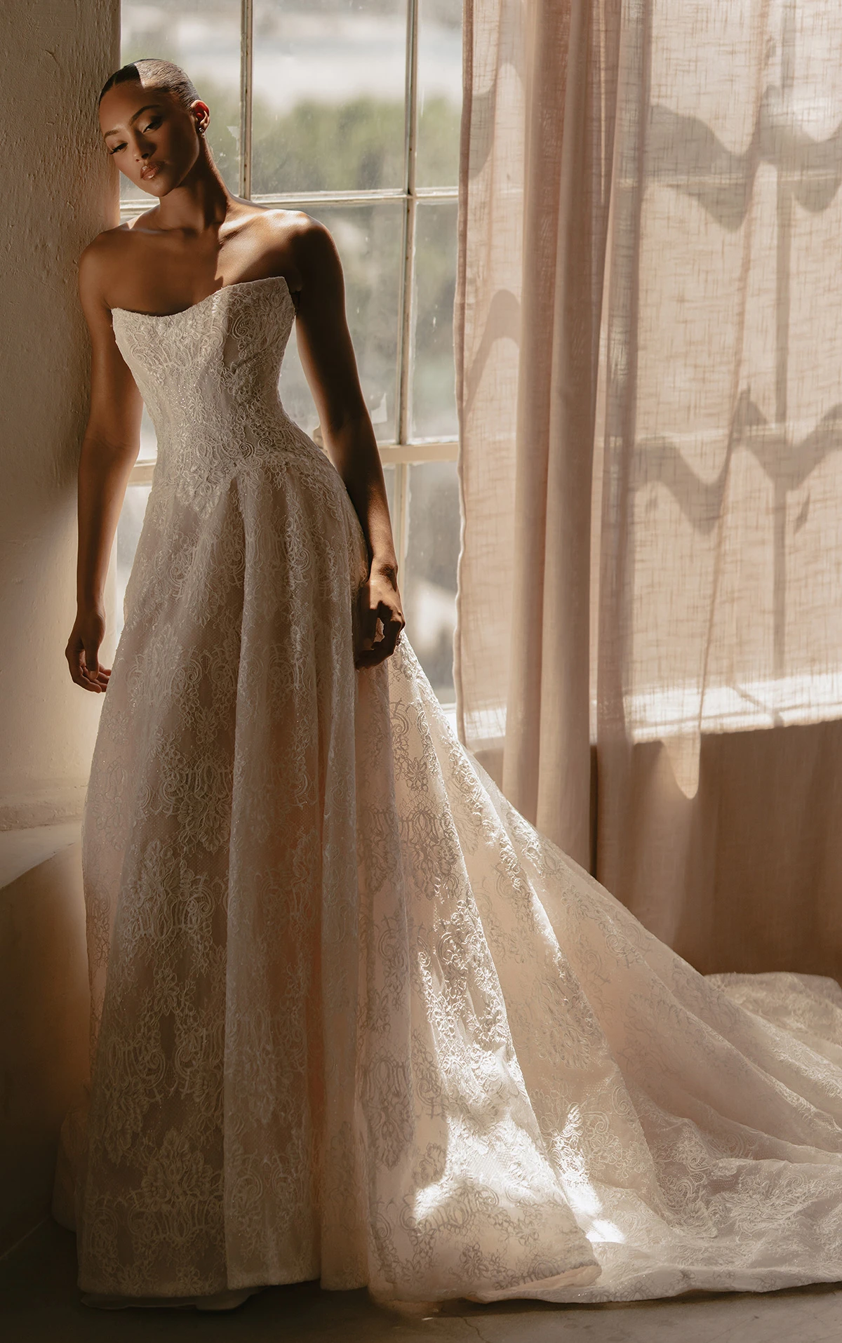 ml1963 Strapless Chantilly Lace A-Line Wedding Dress with Drop Waist  by Martina Liana