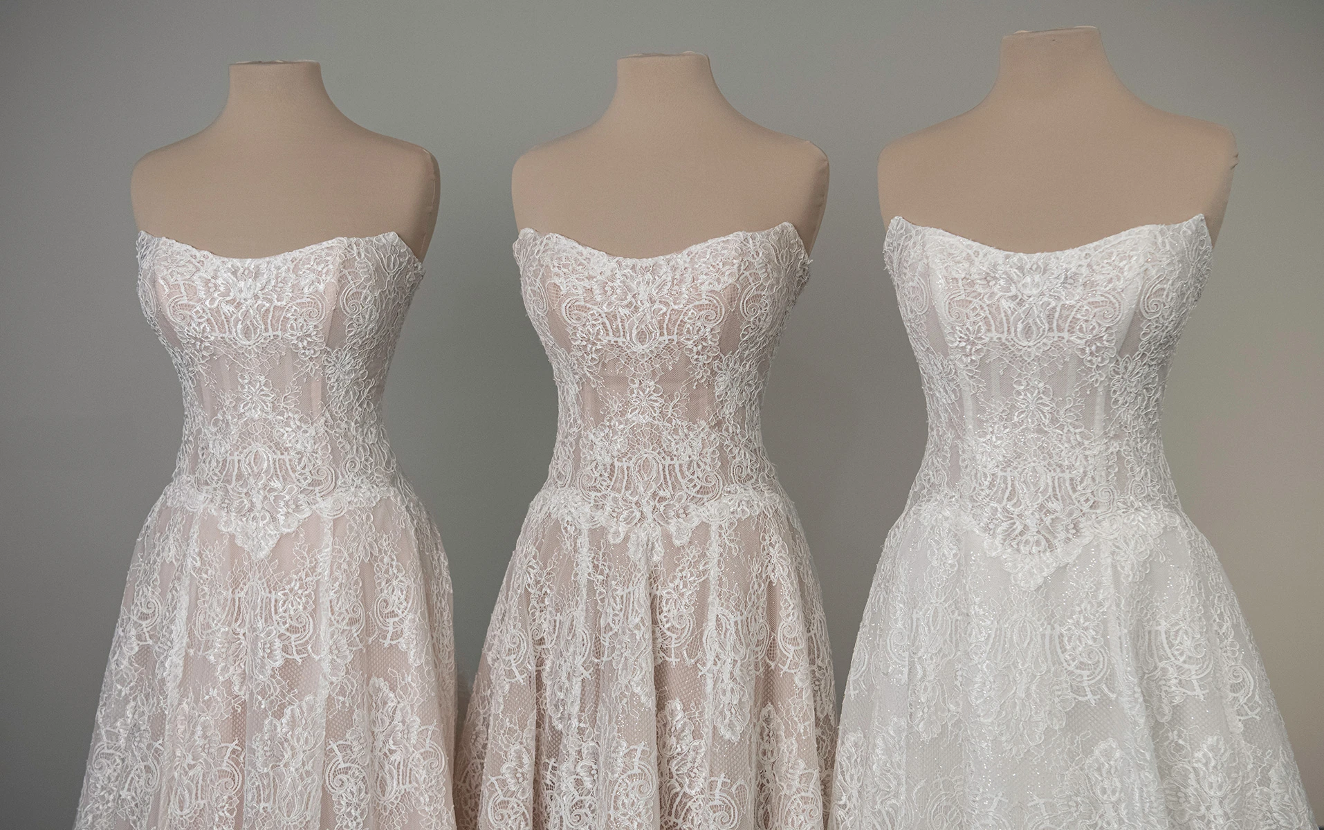 ml1963 Strapless Chantilly Lace A-Line Wedding Dress with Drop Waist  by Martina Liana