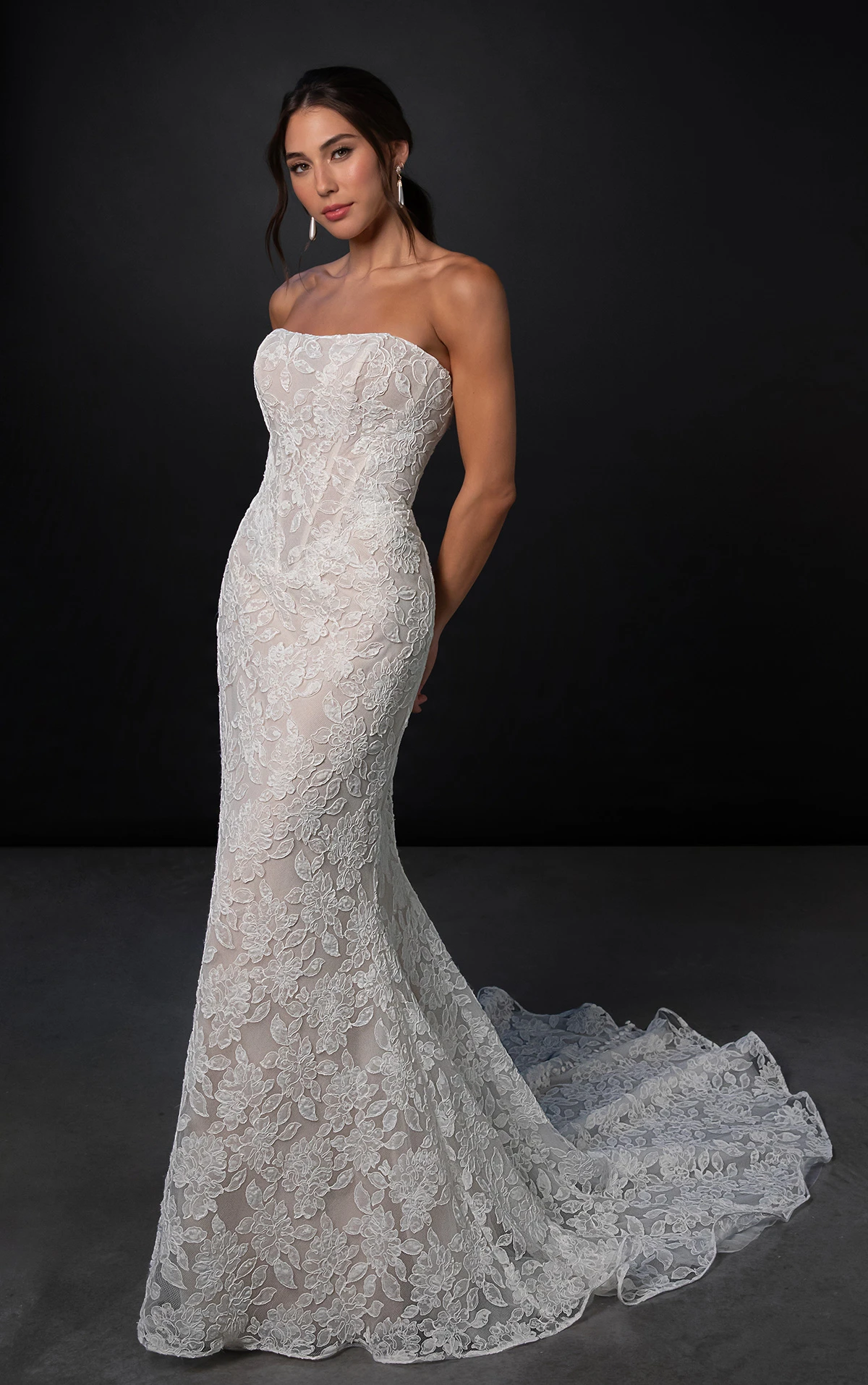 ml1986 Trägerloses Fit-and-Flare-Brautkleid aus Spitze und Tüll mit abnehmbarem Überrock  by Martina Liana