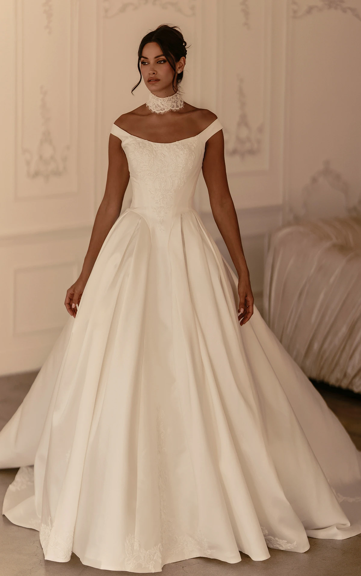 Off-the-Shoulder Lace Ballgown Wedding Dress with Tie-Up Back, ML1989, byMartina Liana