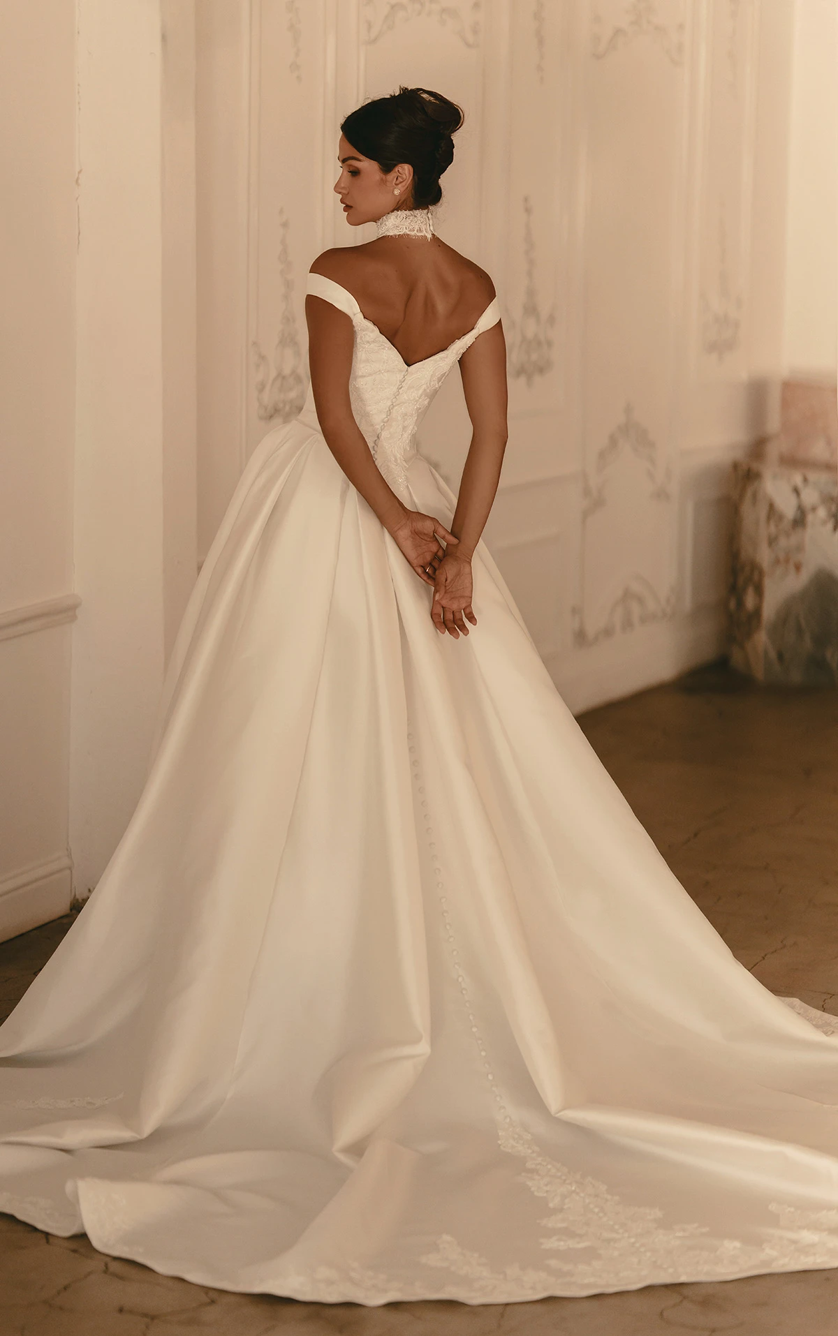 ml1989 Off-the-Shoulder Lace Ballgown Wedding Dress with Tie-Up Back  by Martina Liana