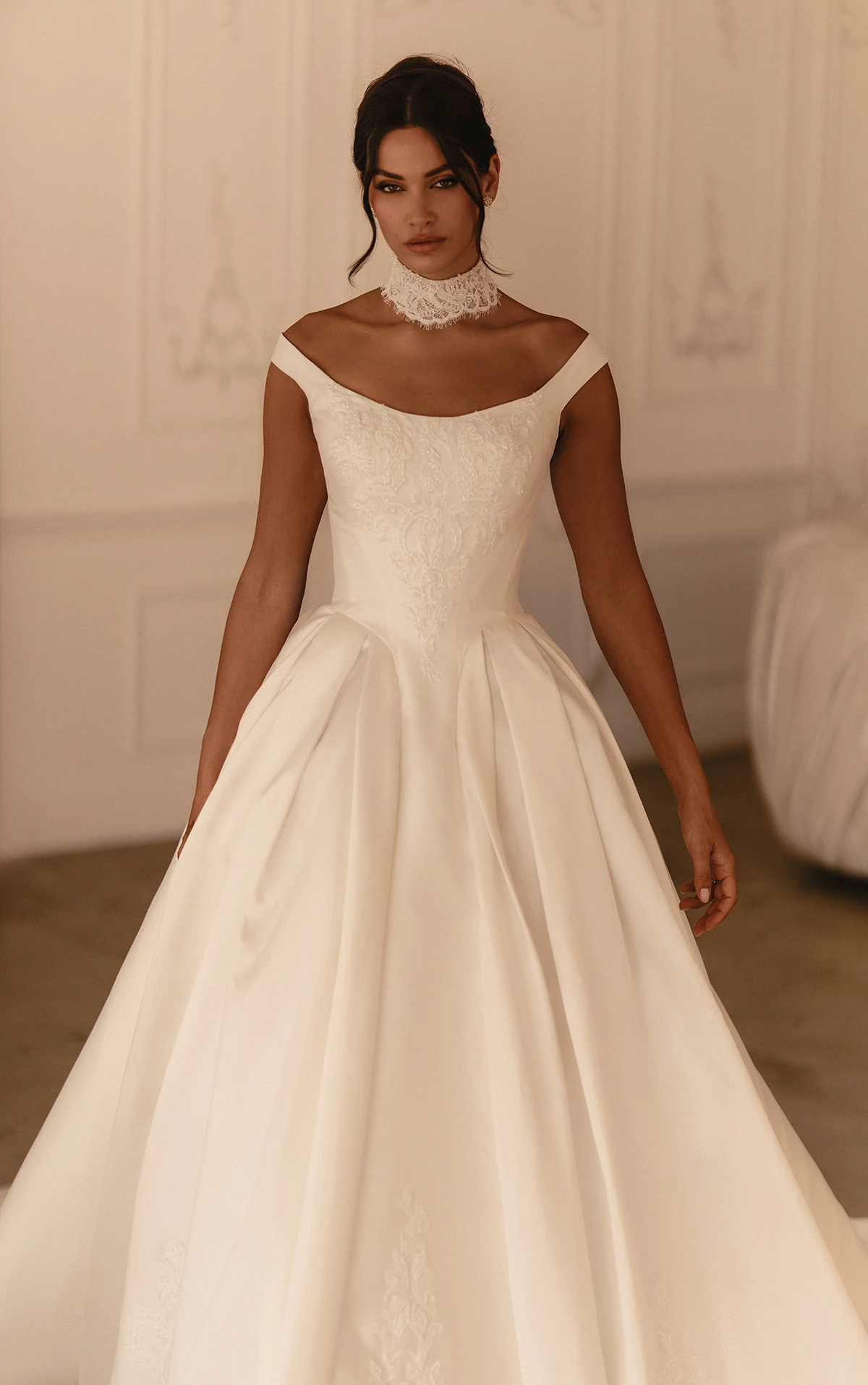 ml1989 Off-the-Shoulder Lace Ballgown Wedding Dress with Tie-Up Back  by Martina Liana