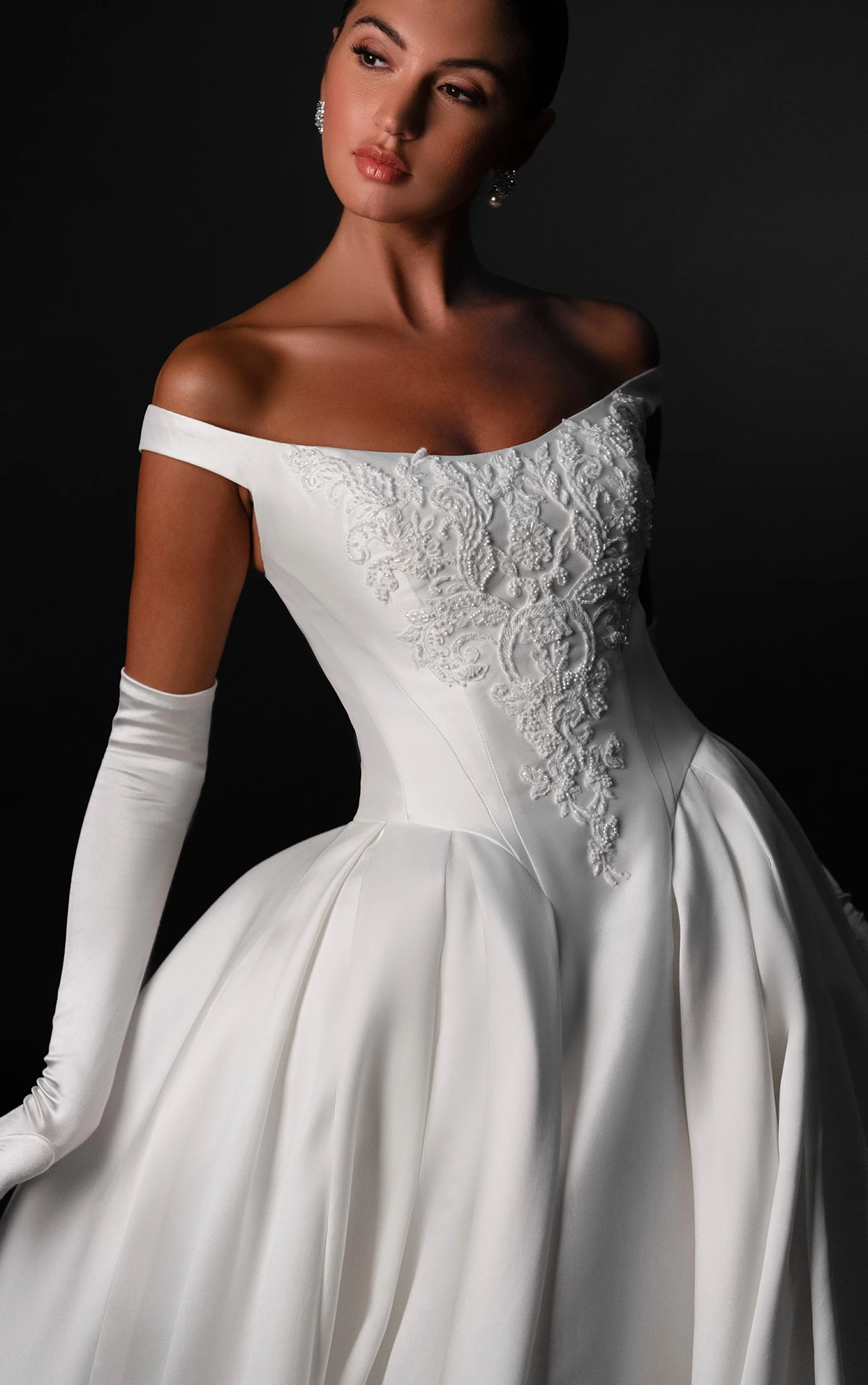 ml1989 Off-the-Shoulder Lace Ballgown Wedding Dress with Tie-Up Back  by Martina Liana