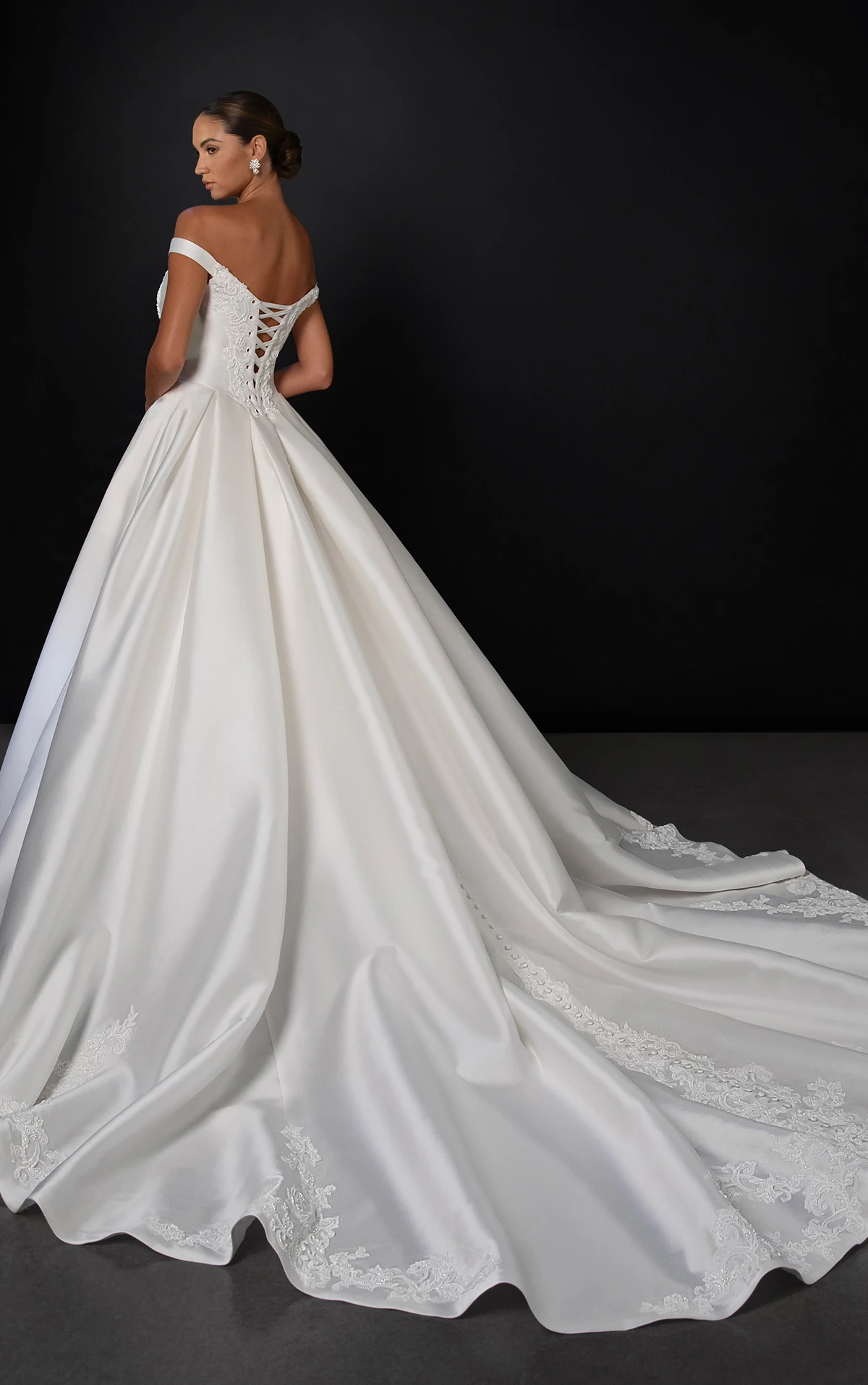 ml1989 Off-the-Shoulder Lace Ballgown Wedding Dress with Tie-Up Back  by Martina Liana