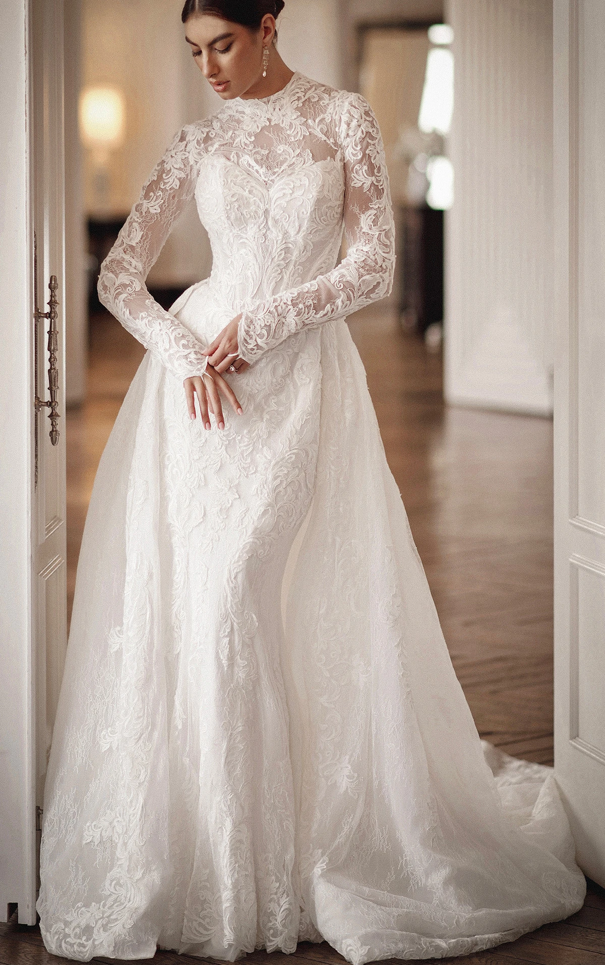 High-Neck Lace Fit-and-Flare Wedding Dress with Detachable Overskirt, ML1995, byMartina Liana