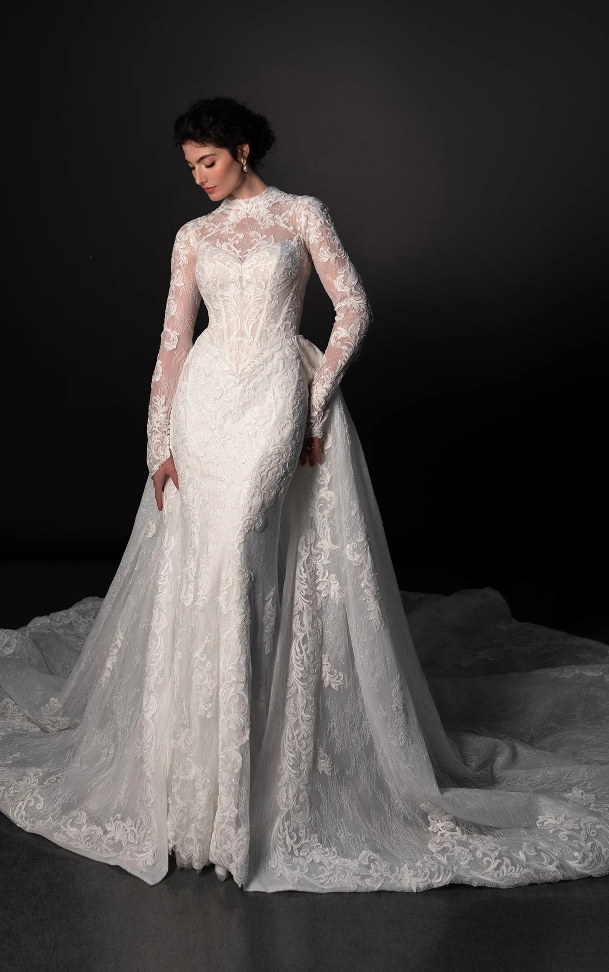 ml1995 High-Neck Lace Fit-and-Flare Wedding Dress with Detachable Overskirt  by Martina Liana