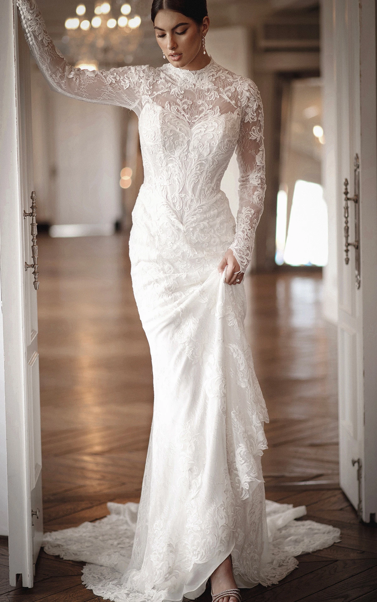 ml1995 High-Neck Lace Fit-and-Flare Wedding Dress with Detachable Overskirt  by Martina Liana