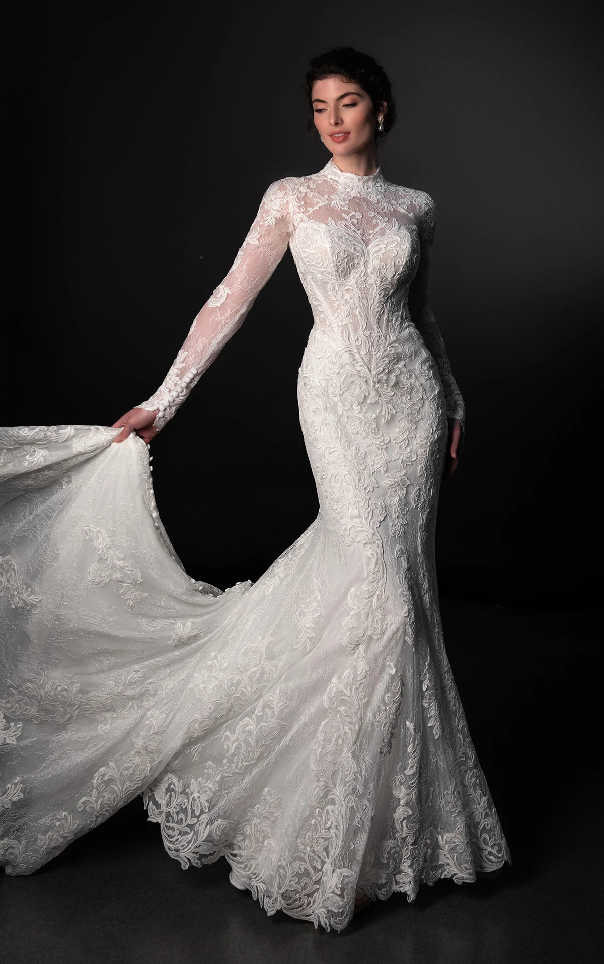 ml1995 High-Neck Lace Fit-and-Flare Wedding Dress with Detachable Overskirt  by Martina Liana