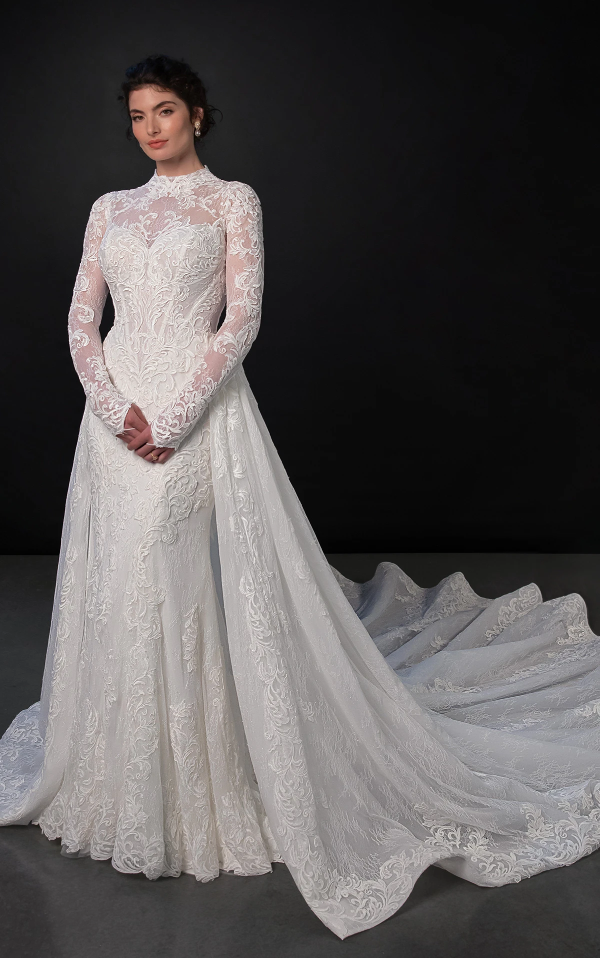 ml1995 High-Neck Lace Fit-and-Flare Wedding Dress with Detachable Overskirt  by Martina Liana