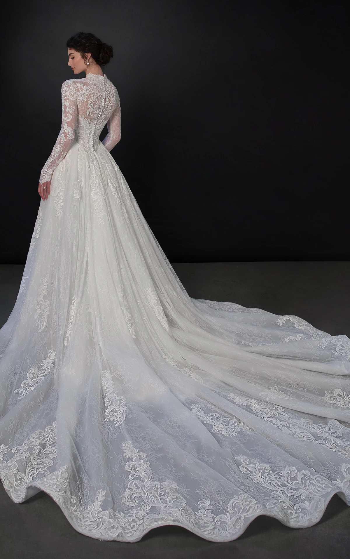 ml1995 High-Neck Lace Fit-and-Flare Wedding Dress with Detachable Overskirt  by Martina Liana